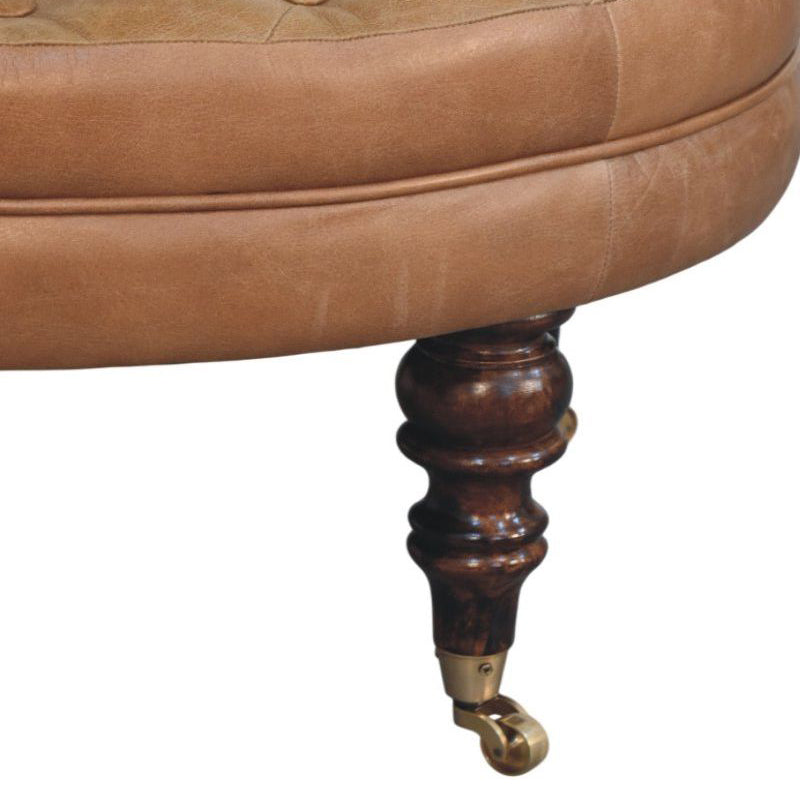 Artisan - Brown Buffalo Leather Round Ottoman With Castor Legs