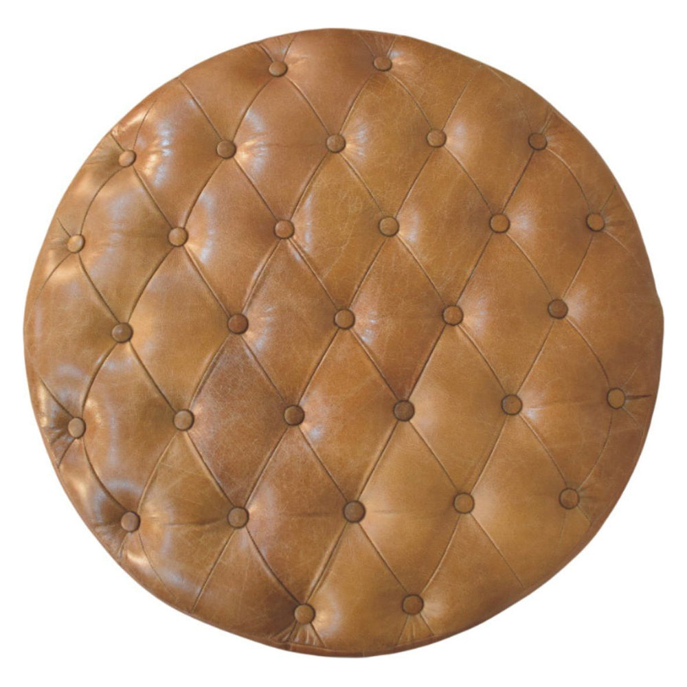 Artisan - Brown Buffalo Leather Round Ottoman With Castor Legs