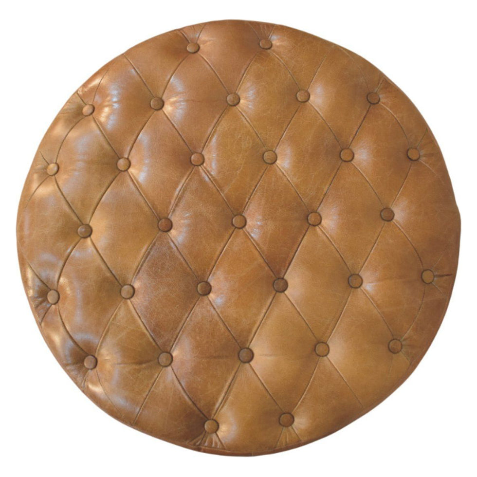 Artisan - Brown Buffalo Leather Round Ottoman With Castor Legs