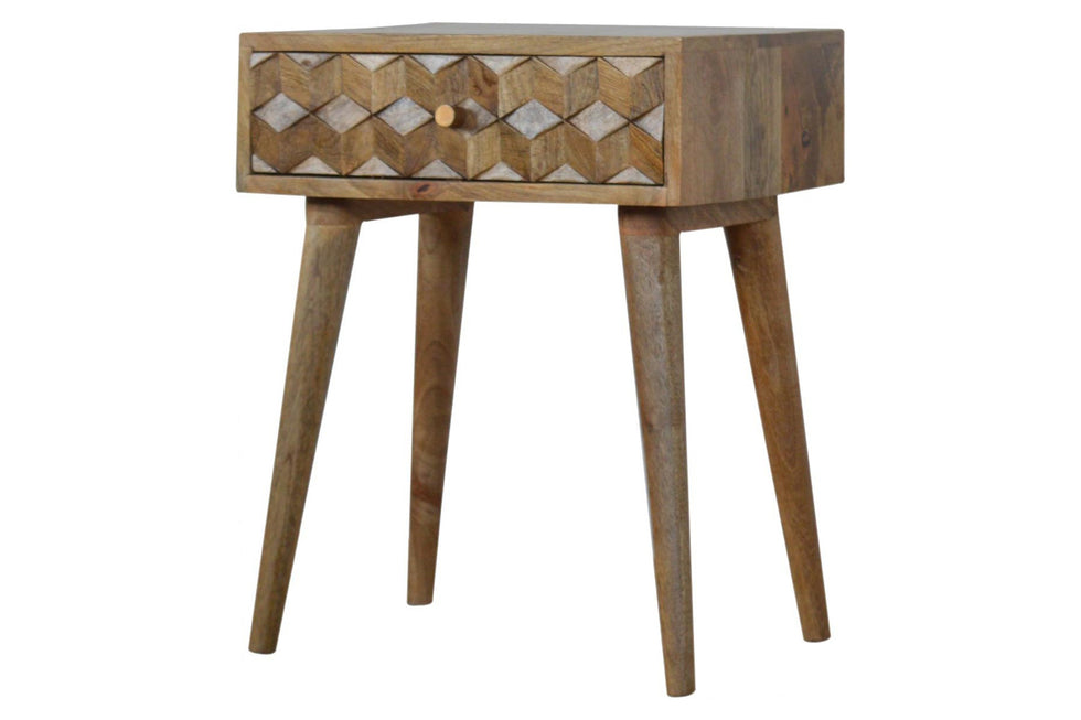 Artisan - Cube Carved Bedside in Oak-ish, 1 Drawer