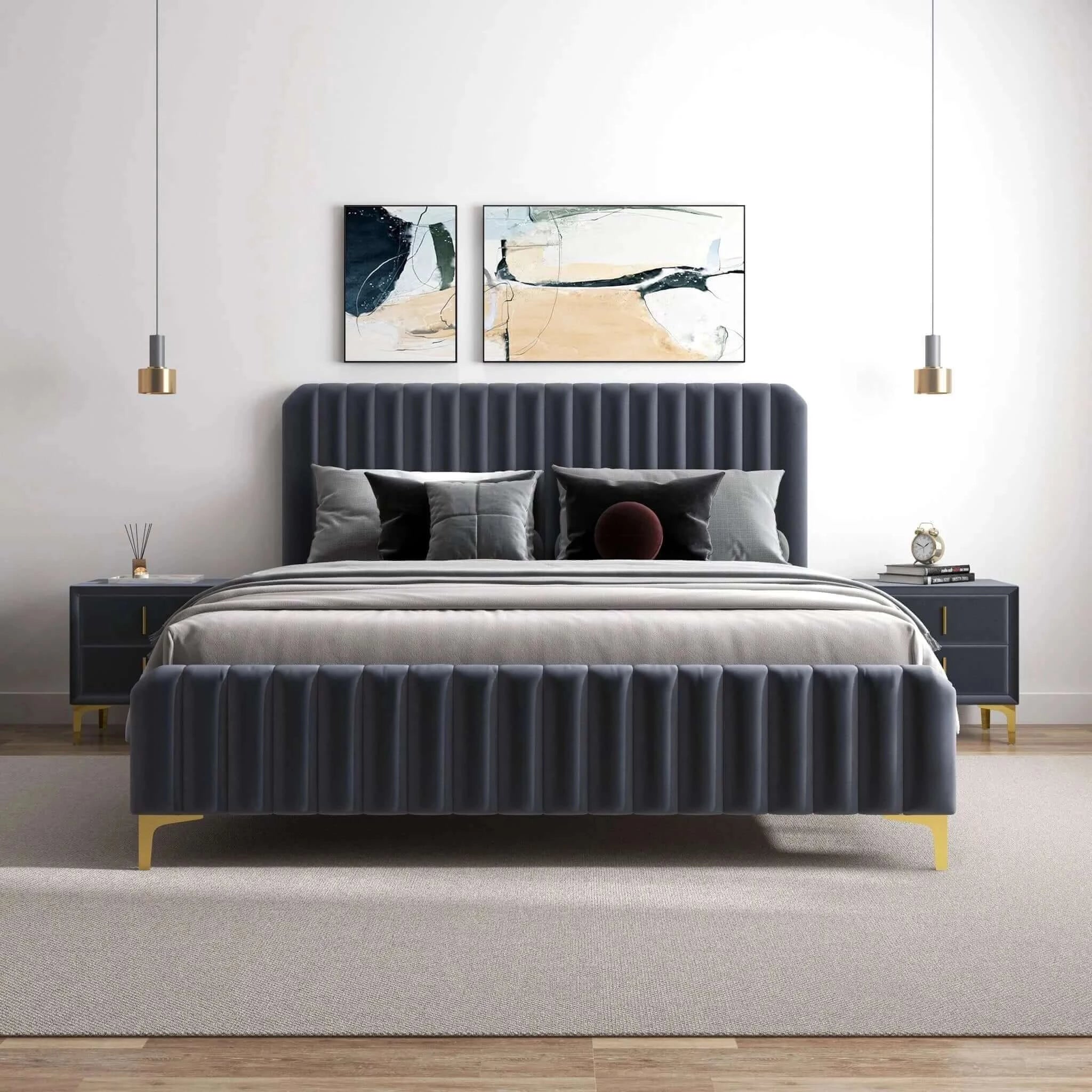 Ashcroft - Bethany Velvet Upholstered Platform Bed in Gray, Queen Size