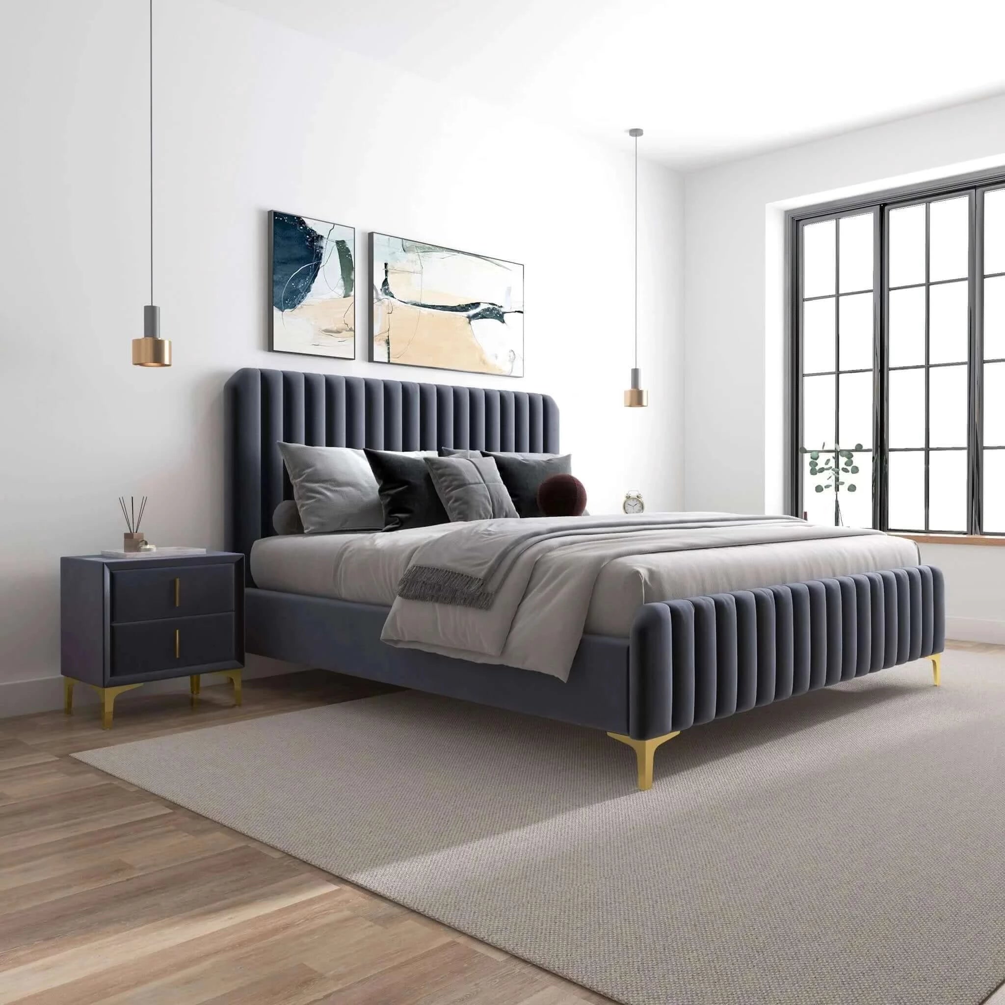 Ashcroft - Bethany Velvet Upholstered Platform Bed in Gray, Queen Size