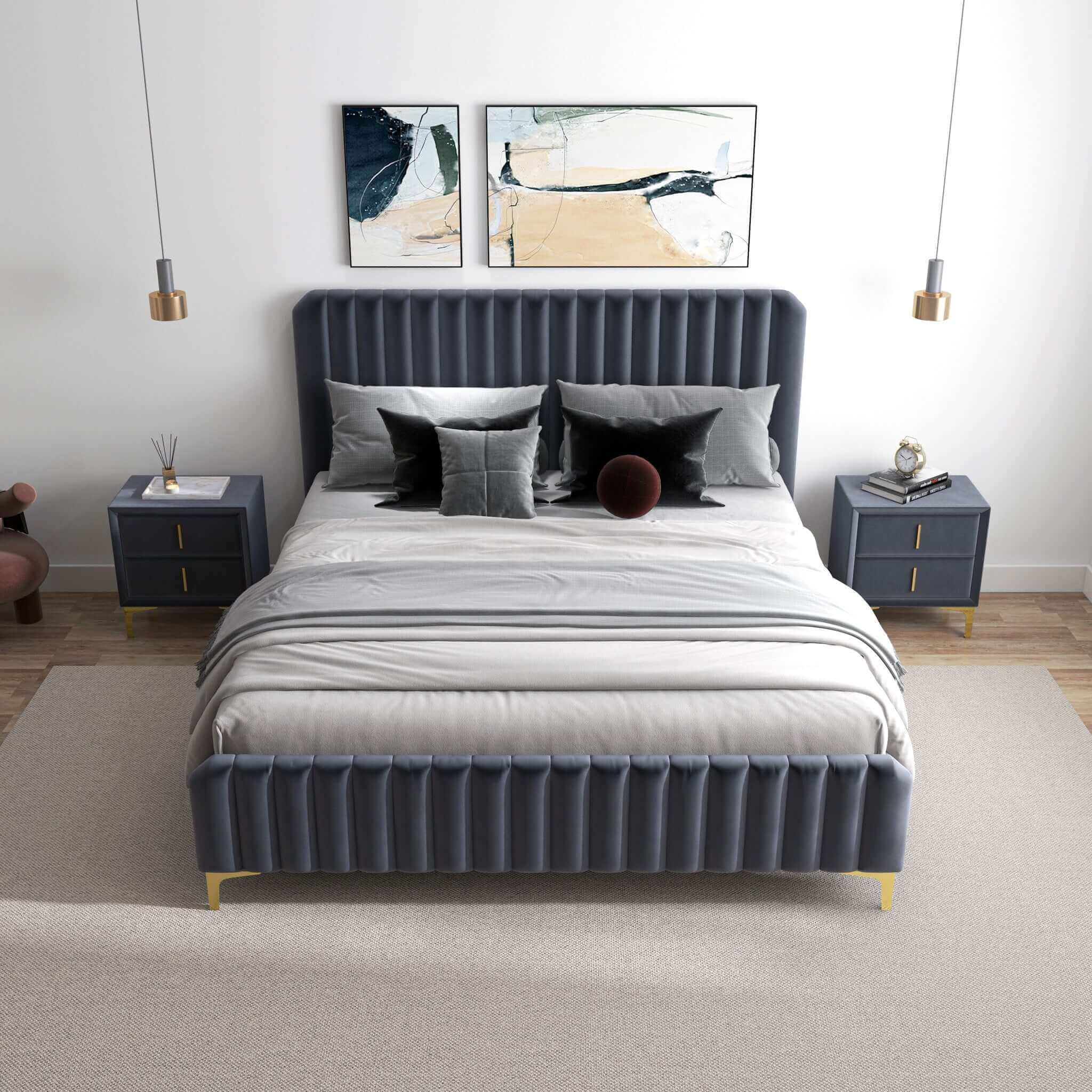 Ashcroft - Bethany Velvet Upholstered Platform Bed in Gray, Queen Size