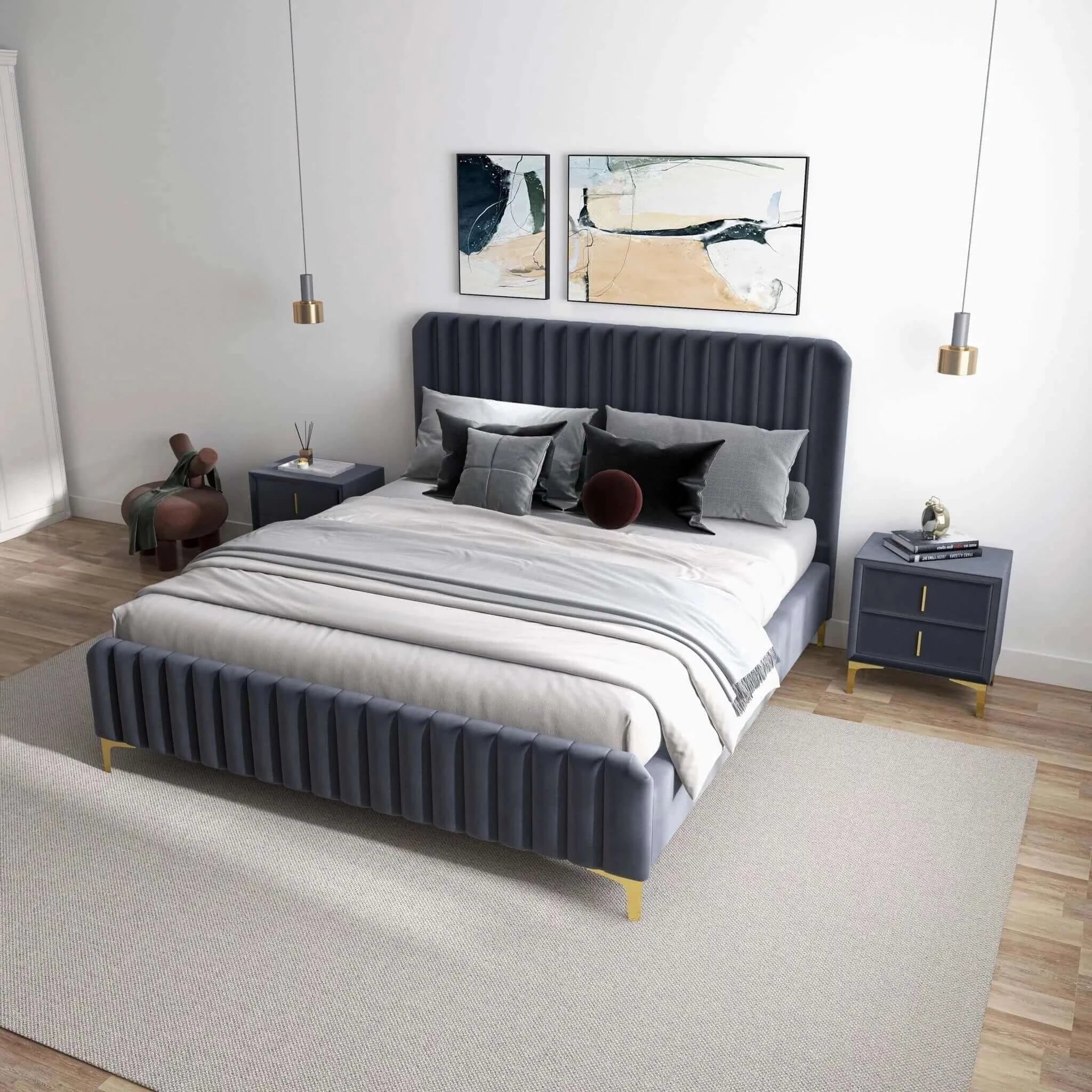 Ashcroft - Bethany Velvet Upholstered Platform Bed in Gray, Queen Size
