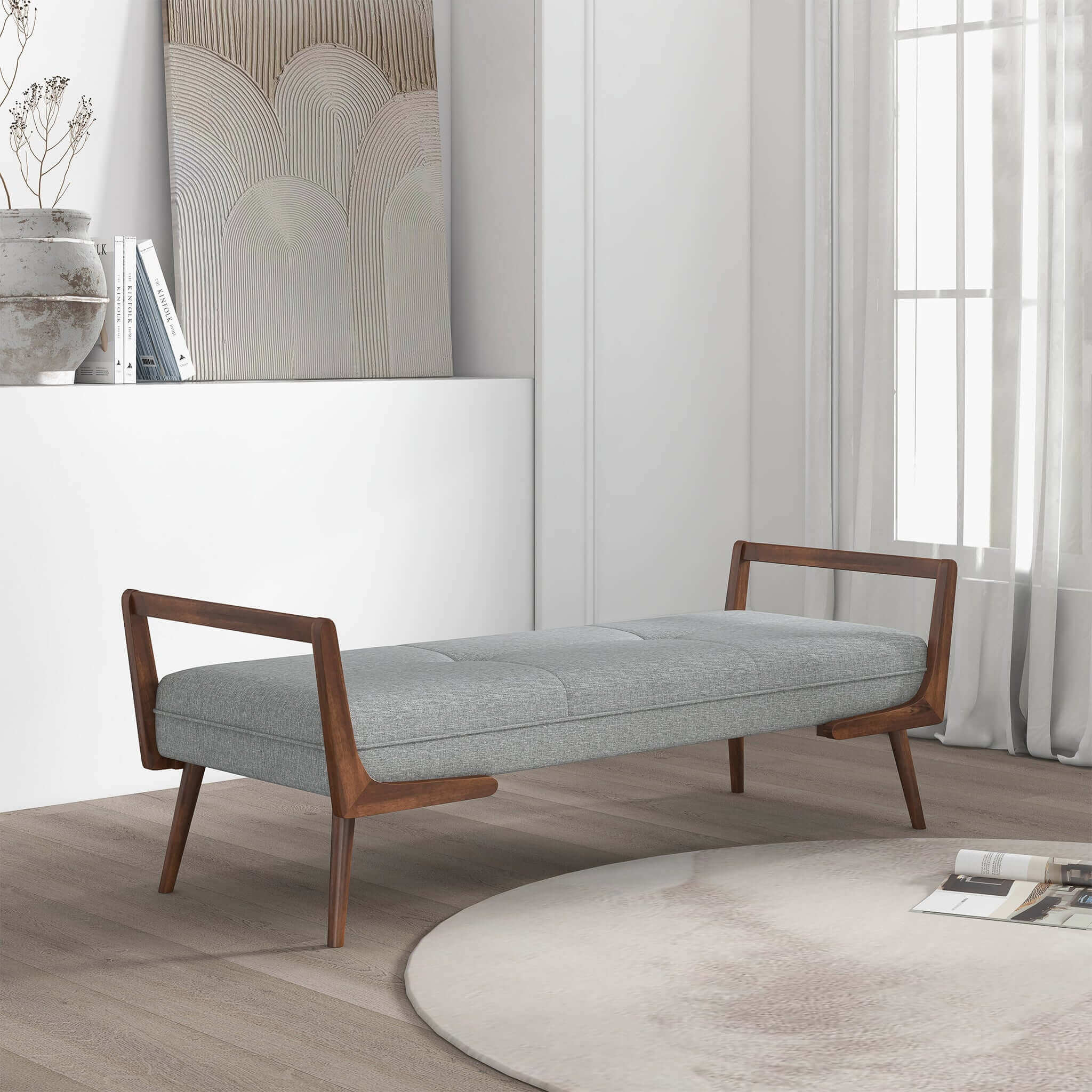 Ashcroft - Cora Mid-Century Modern Fabric Bench in Gray