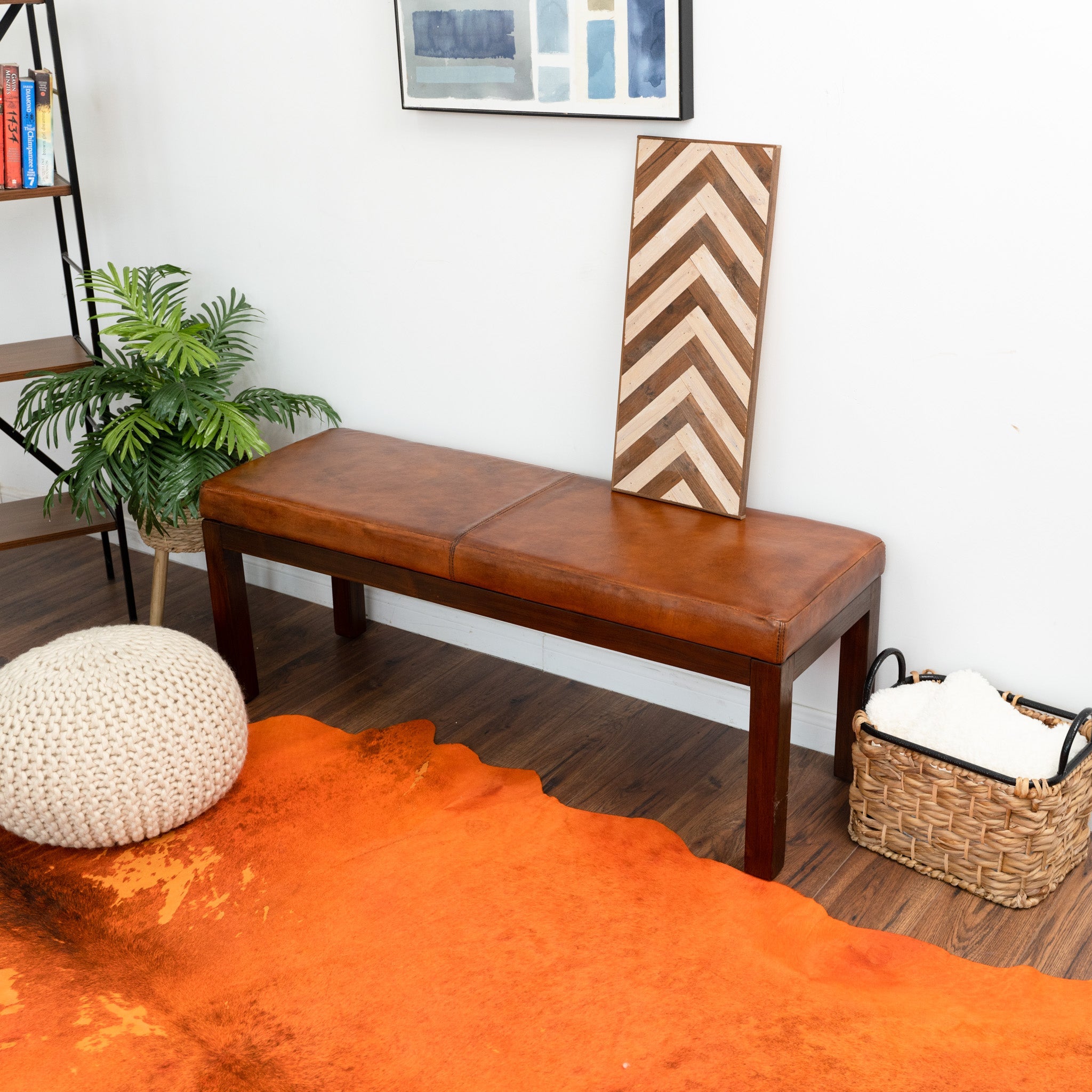Ashcroft - Austin Antique Tan Leather Bench with Lines
