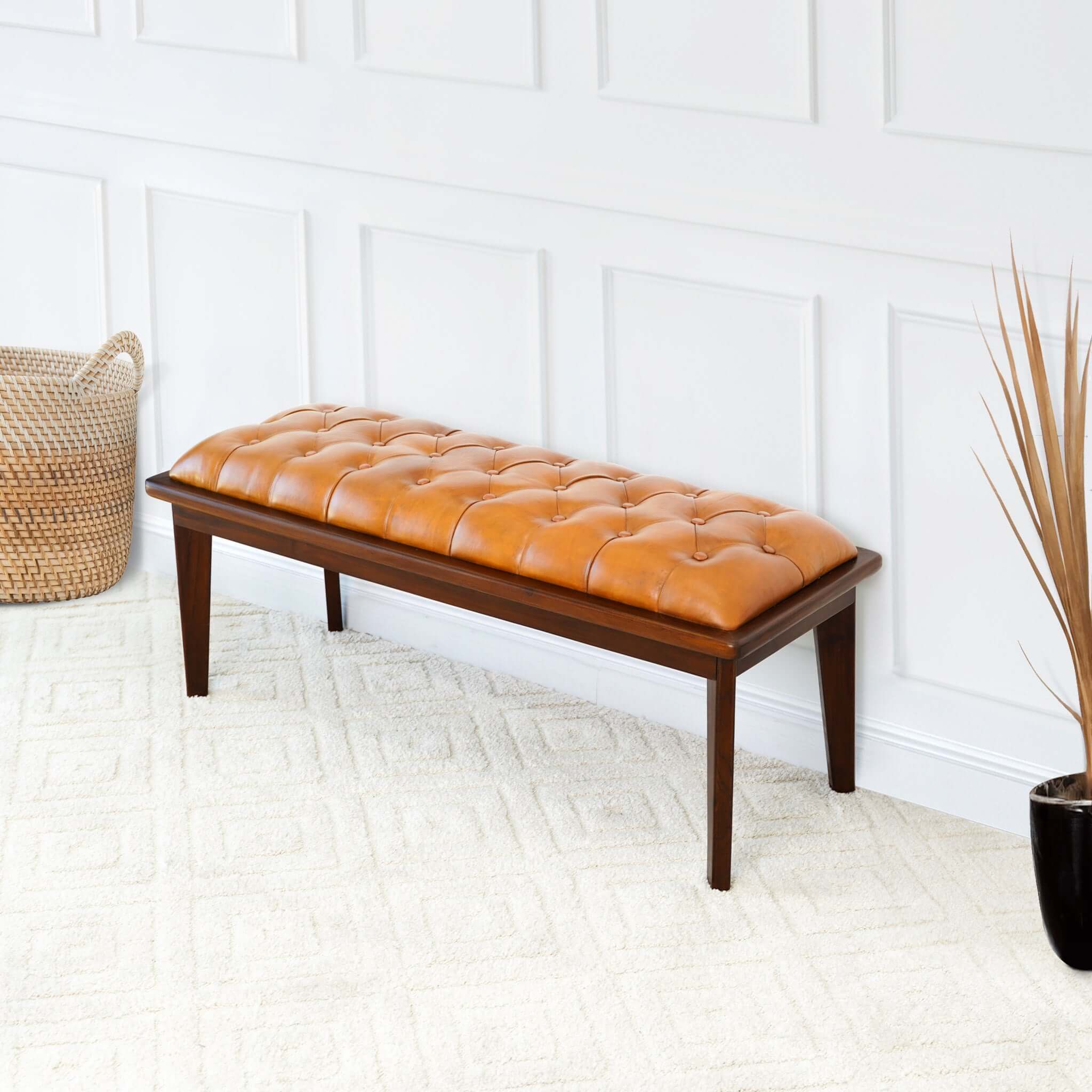 Ashcroft - Arden Leather Bench with Buttons in Tan