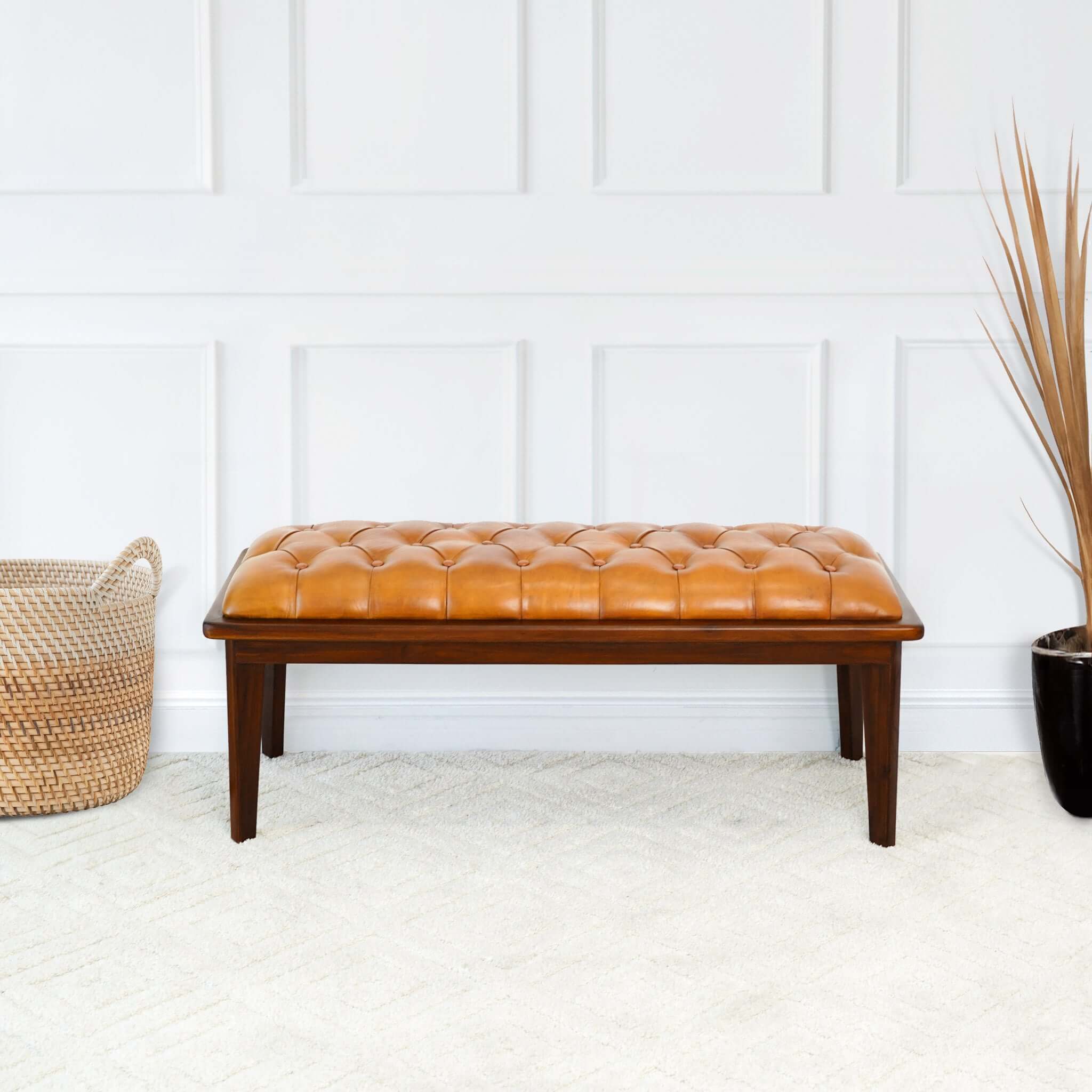 Ashcroft - Arden Leather Bench with Buttons in Tan