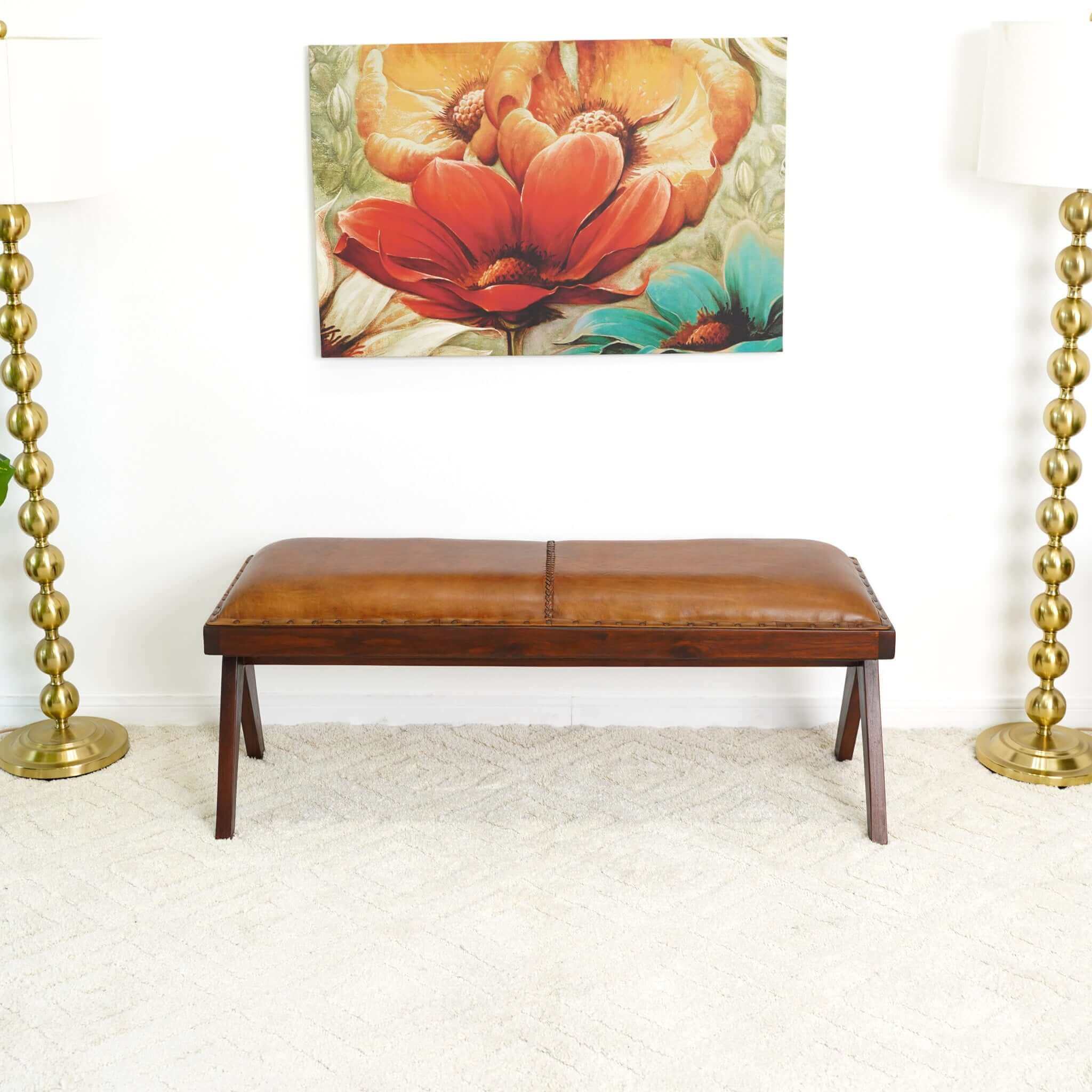 Ashcroft - Chad Mid-Century Modern Leather Bench in Tan