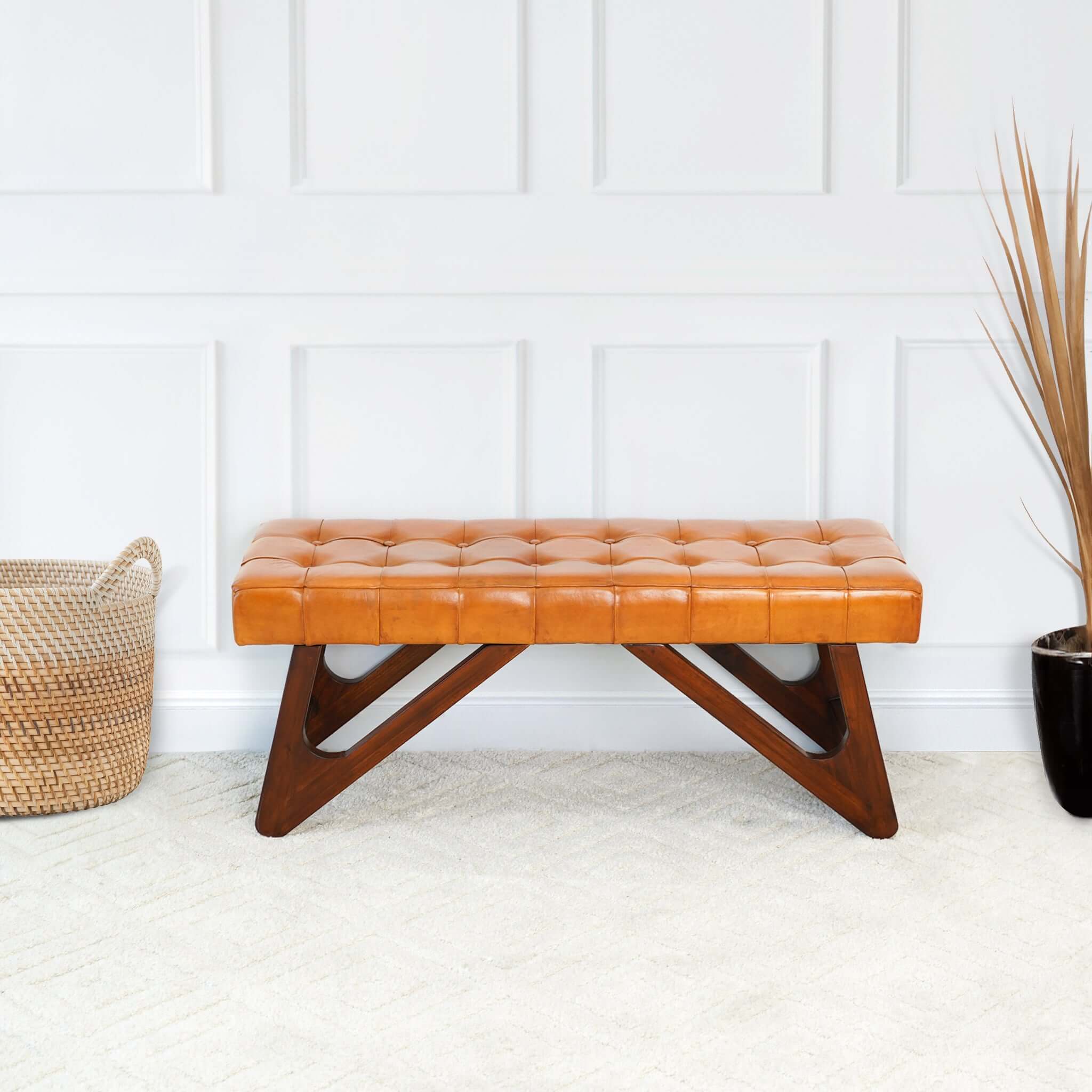 Ashcroft - Mia Leather Bench with Buttons in Tan