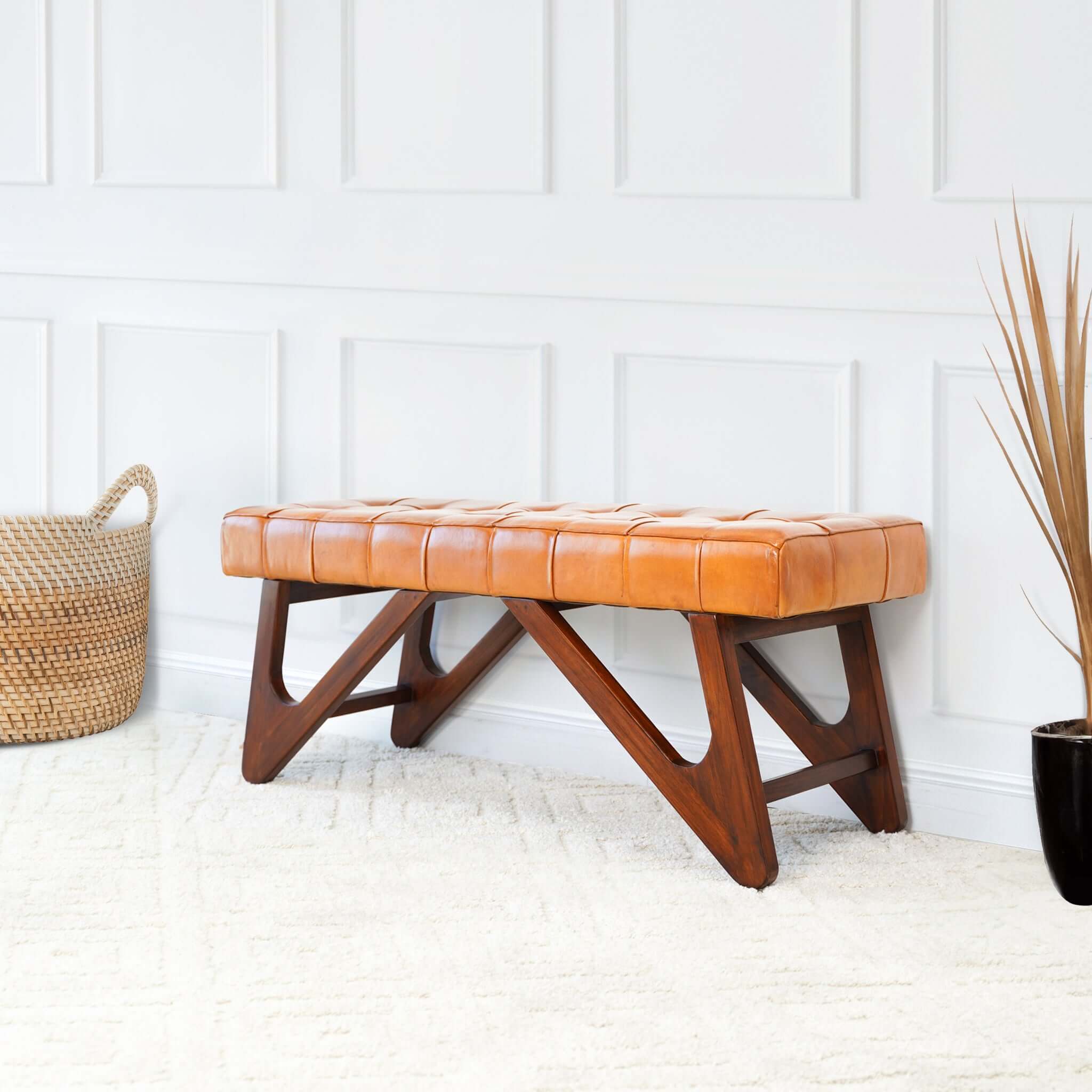Ashcroft - Mia Leather Bench with Buttons in Tan