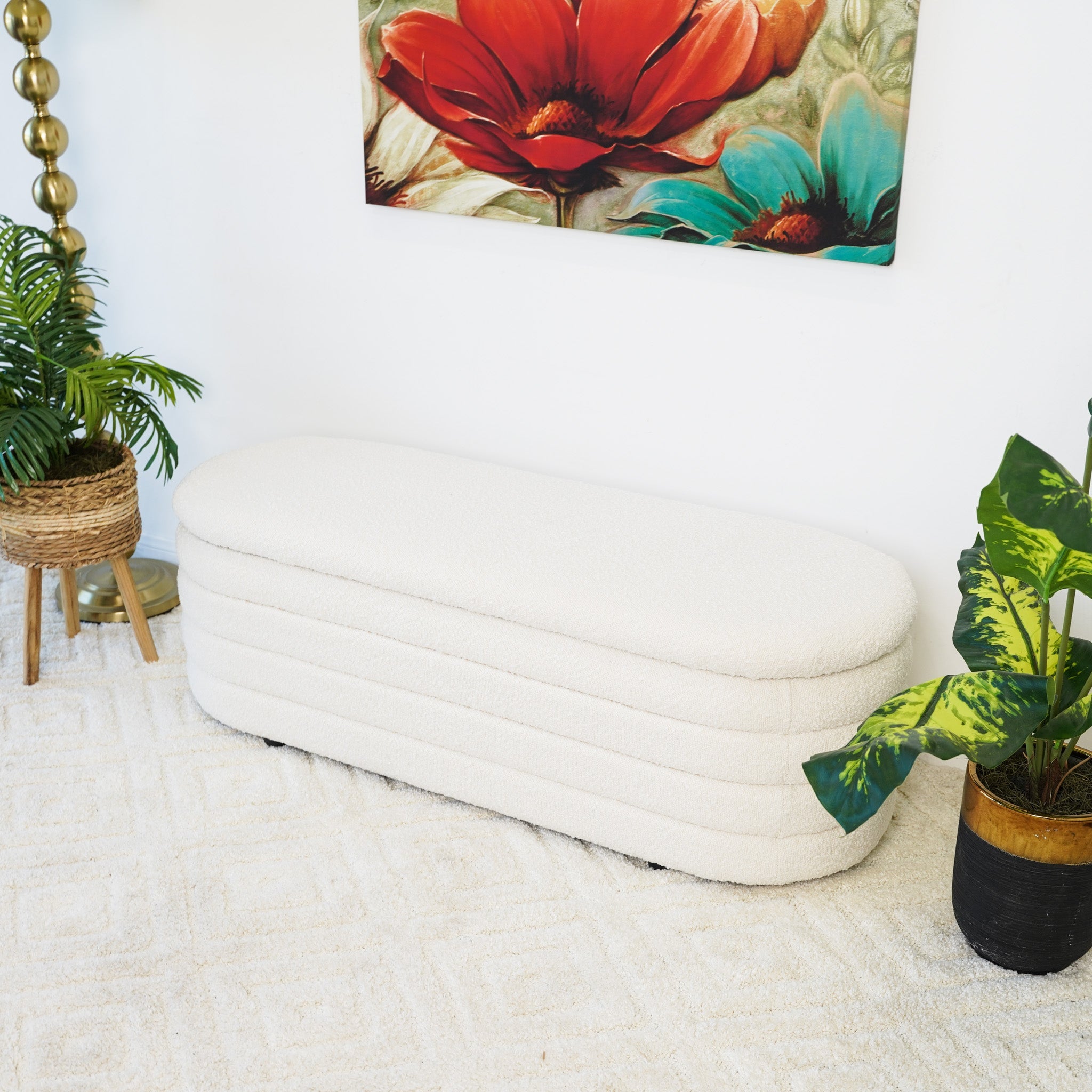 Ashcroft - Cabana White Boucle Bench w/Storage