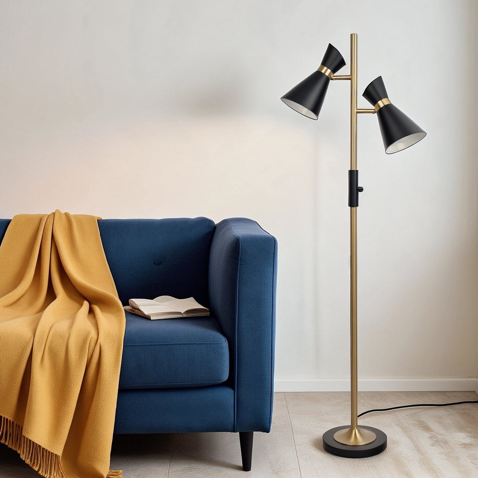 Ashcroft - Axis Brassed Gold Floor Lamp with 4-Way Switch Double Spots with Metal Base