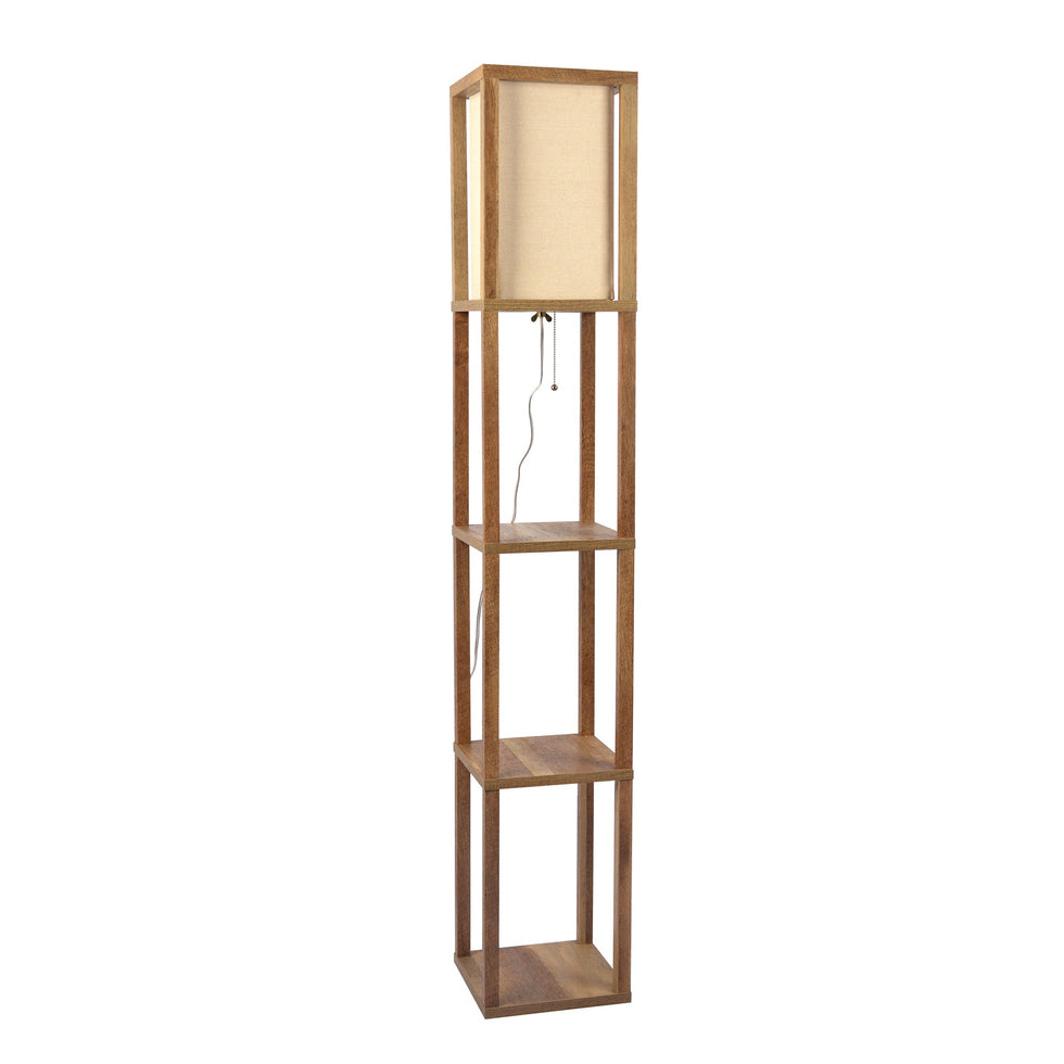 Ashcroft - Pinnacle Shelf Floor Lamp For Bedroom/Living Room, Natural Wood with Long Shade