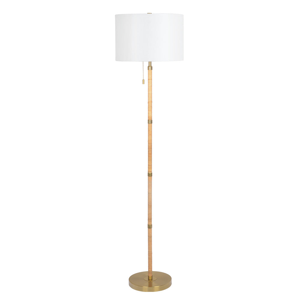 Ashcroft - Stellar Wood Rattan Tube , Gold Brass Metal and White Linen Shade Floor Lamp