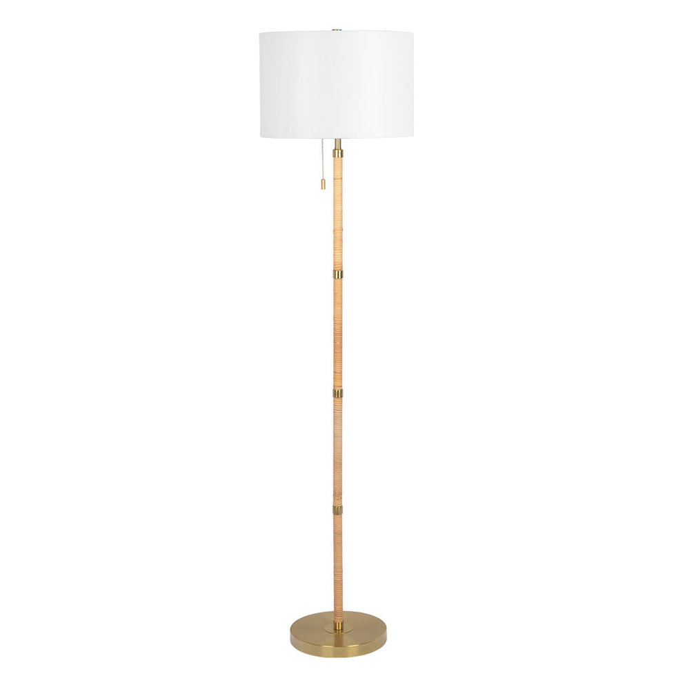 Ashcroft - Stellar Wood Rattan Tube , Gold Brass Metal and White Linen Shade Floor Lamp