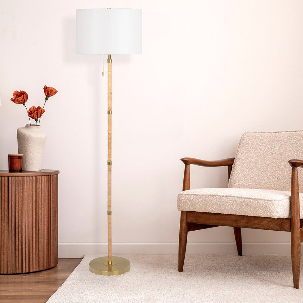 Ashcroft - Stellar Wood Rattan Tube , Gold Brass Metal and White Linen Shade Floor Lamp