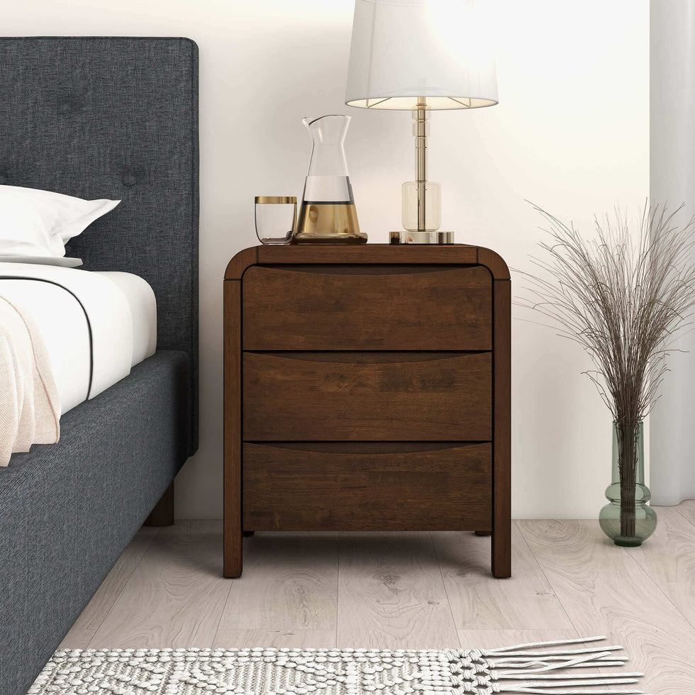 Ashcroft - Lionel Mid-Century Modern Solid Wood Nightstand Bed Side Table with 3 Drawers in Walnut