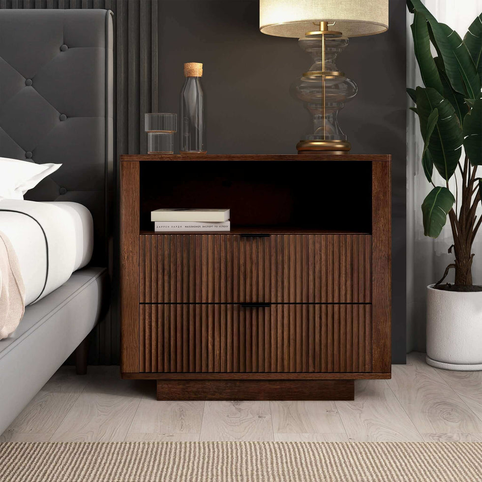 Ashcroft - Lola Mid-Century Modern Nightstand Bed Side Table with 2 Drawers in Walnut