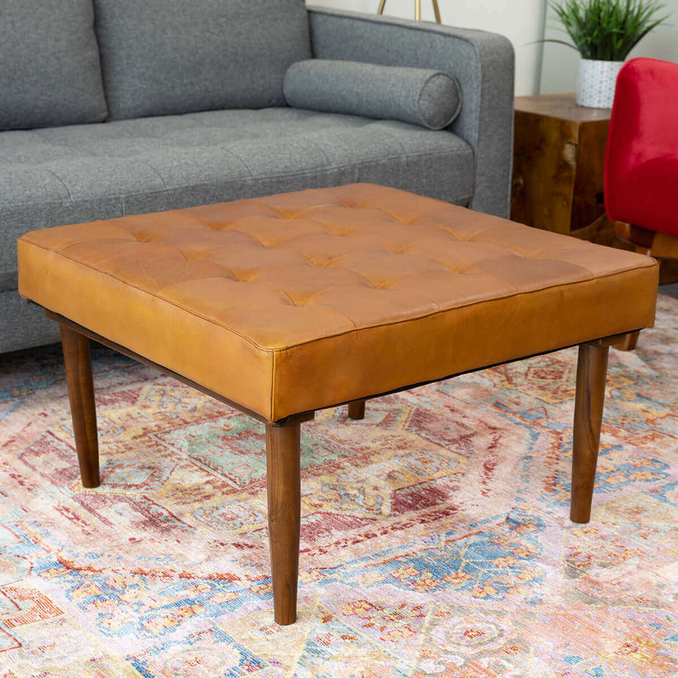 Ashcroft - Mark Mid-Century Tufted Square Genuine Leather Upholstered Ottoman in Tan
