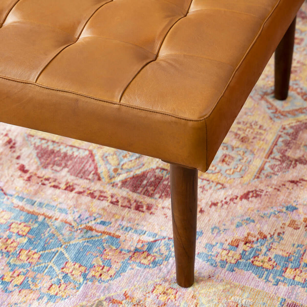 Ashcroft - Mark Mid-Century Tufted Square Genuine Leather Upholstered Ottoman in Tan