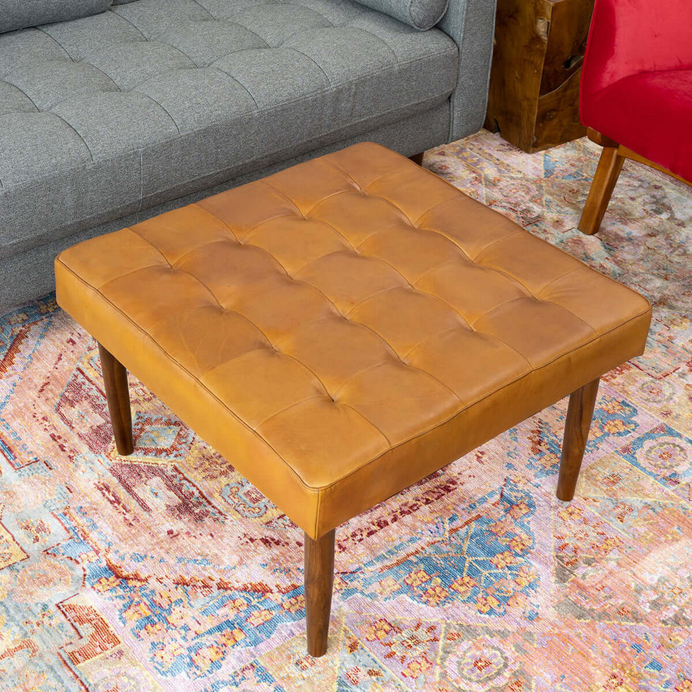 Ashcroft - Mark Mid-Century Tufted Square Genuine Leather Upholstered Ottoman in Tan