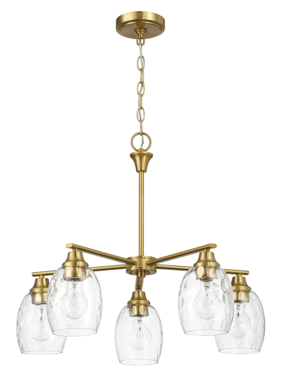 Ashcroft - Elegance Five Lights Linear Arms with Golden Brass Finish Chain Chandelier 24"W × 8.5"H with Clear Water Glass