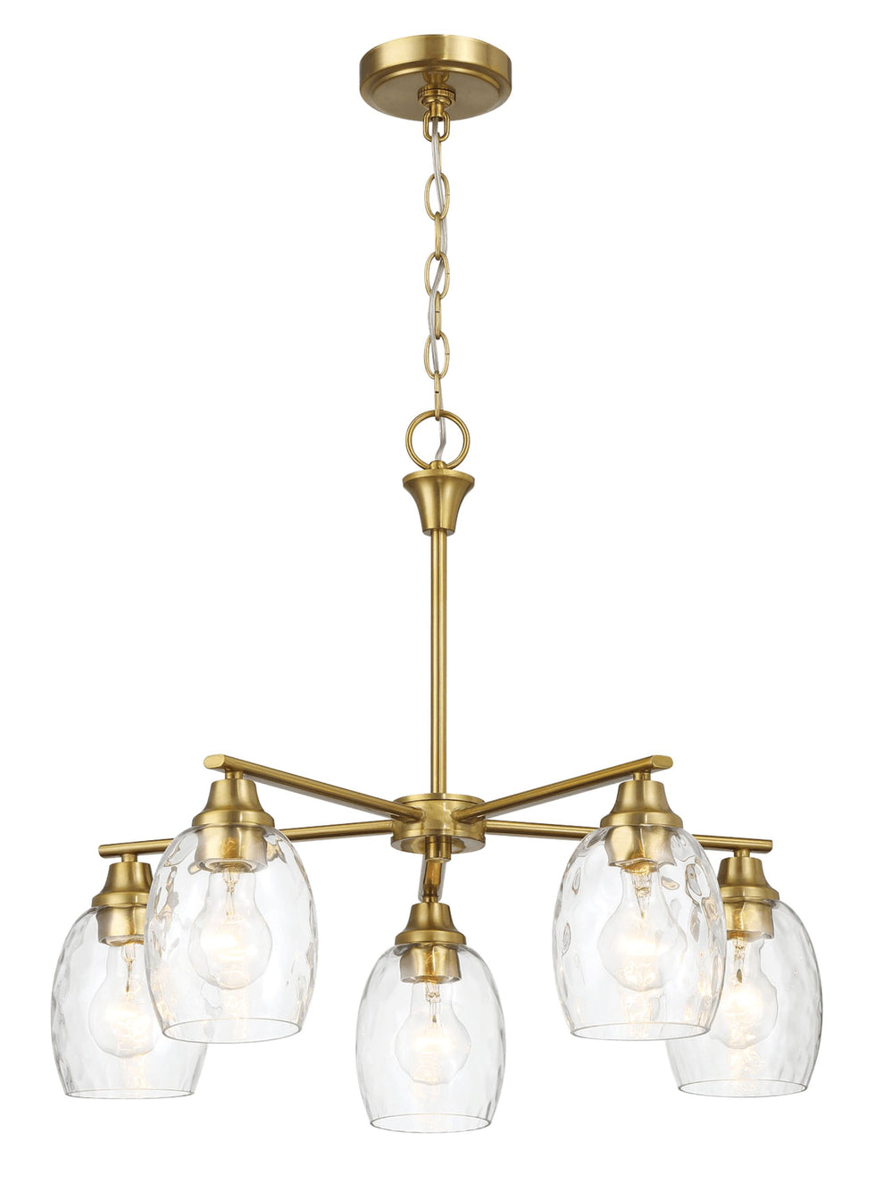 Ashcroft - Elegance Five Lights Linear Arms with Golden Brass Finish Chain Chandelier 24"W × 8.5"H with Clear Water Glass