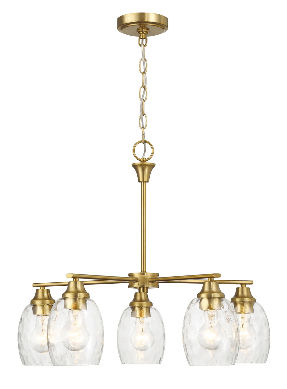 Ashcroft - Elegance Five Lights Linear Arms with Golden Brass Finish Chain Chandelier 24"W × 8.5"H with Clear Water Glass