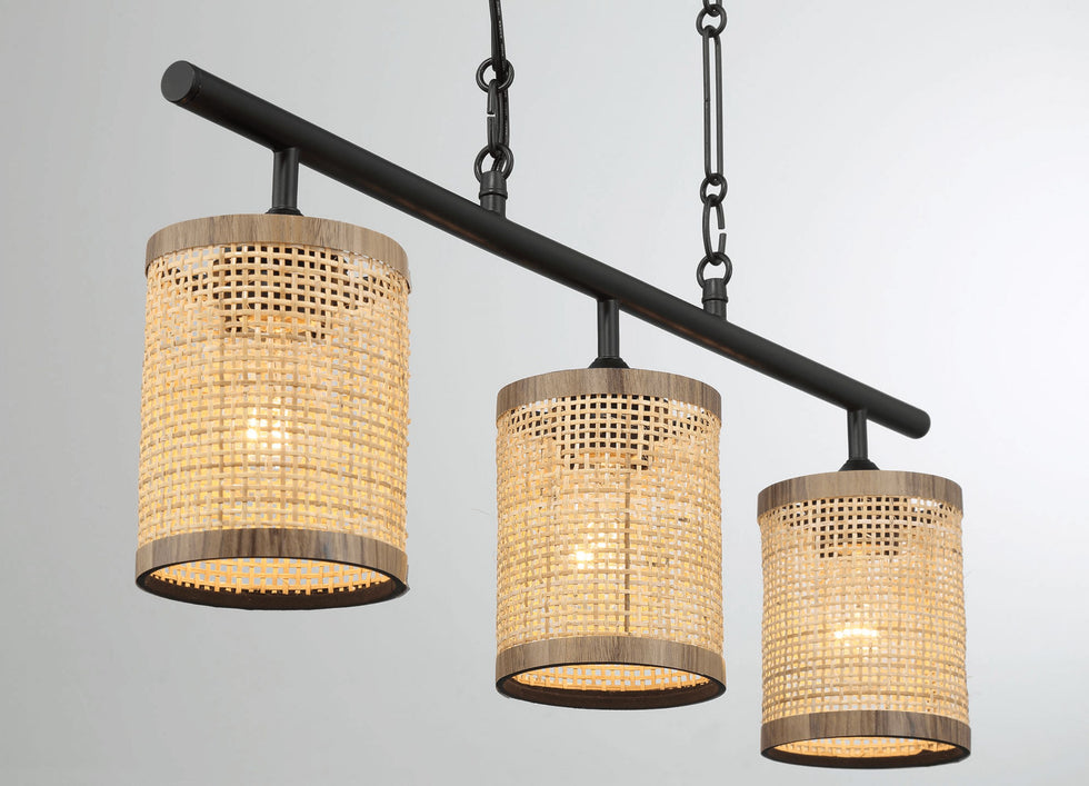 Ashcroft - Elysian Three Lights Island With Natural Rattan Shade Farmhouse Chain Ceiling Lamp