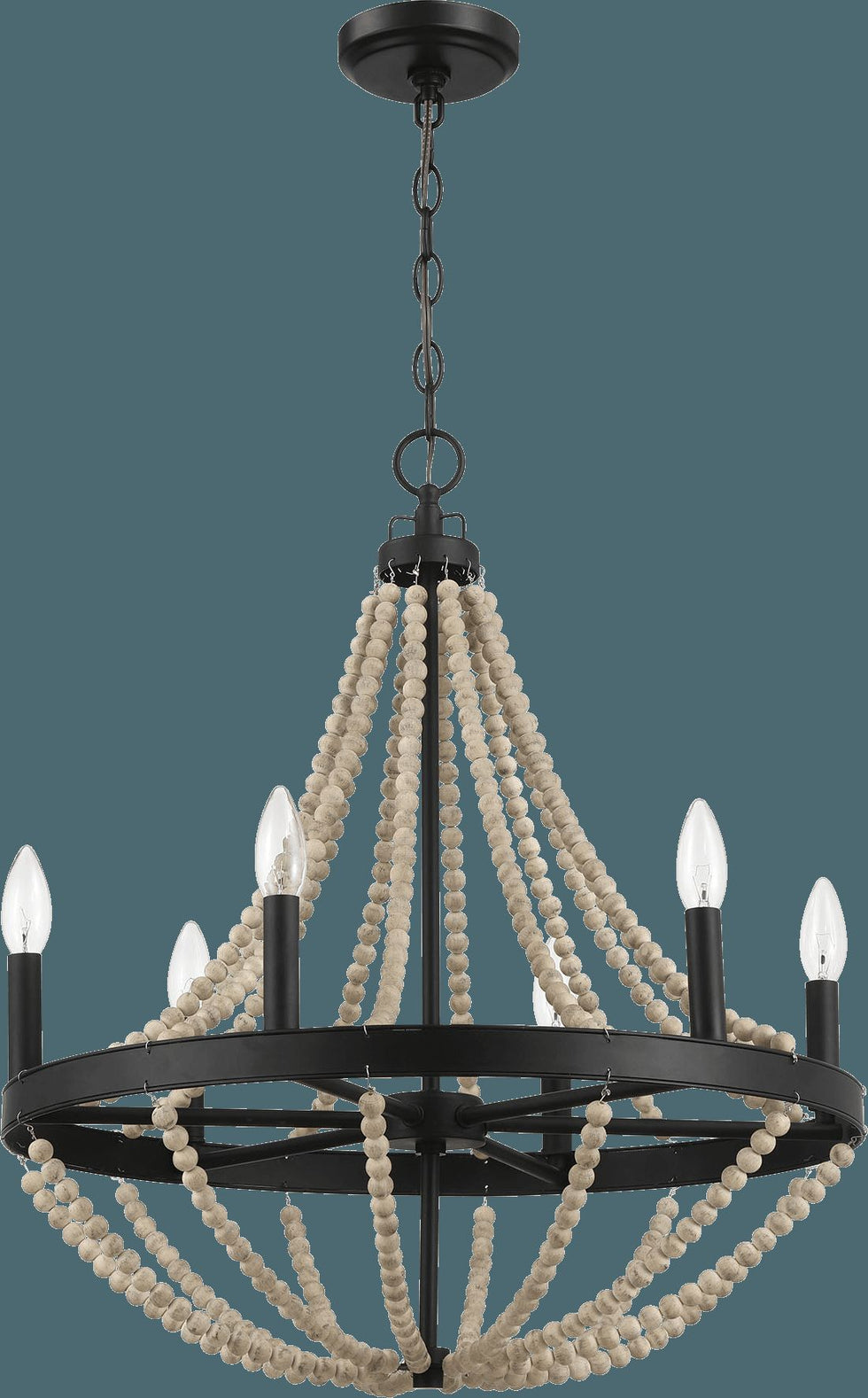 Ashcroft - Starry Wood Chandelier Farmhouse Six Candle Light Wood Beaded Black Pendant Light for Dining Room