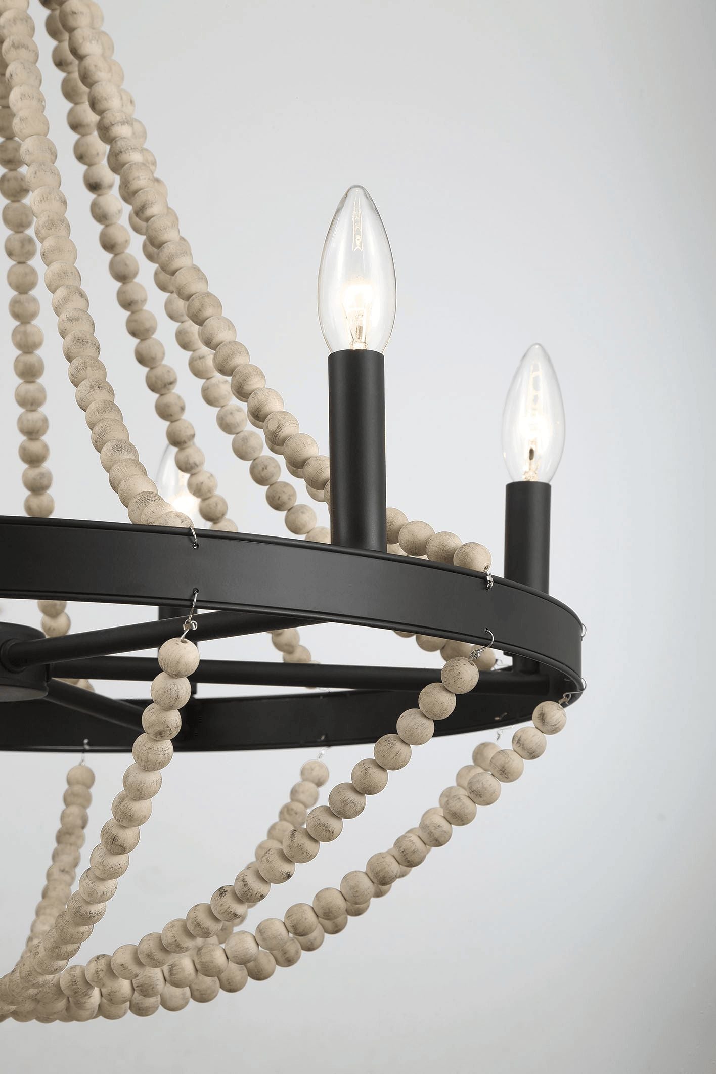Ashcroft - Starry Wood Chandelier Farmhouse Six Candle Light Wood Beaded Black Pendant Light for Dining Room