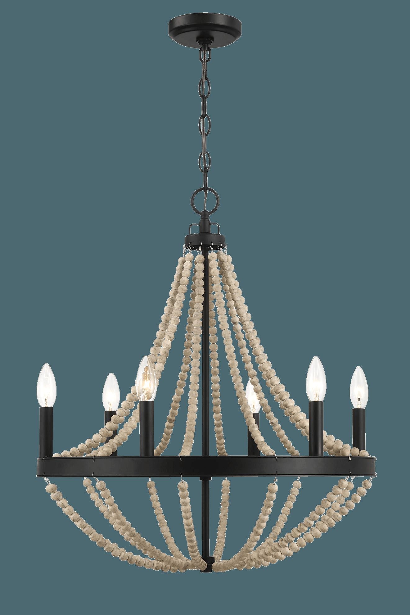 Ashcroft - Starry Wood Chandelier Farmhouse Six Candle Light Wood Beaded Black Pendant Light for Dining Room