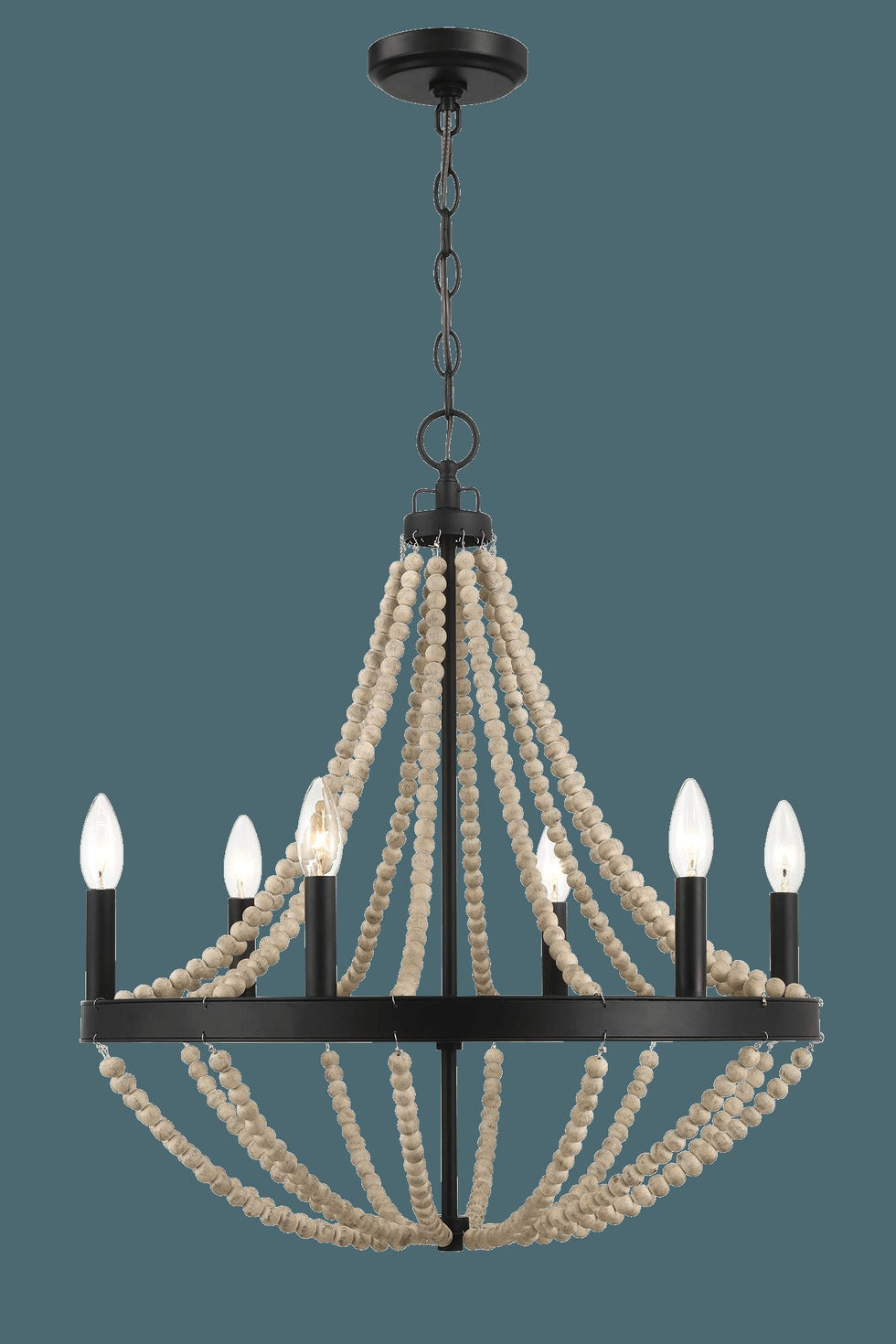 Ashcroft - Starry Wood Chandelier Farmhouse Six Candle Light Wood Beaded Black Pendant Light for Dining Room