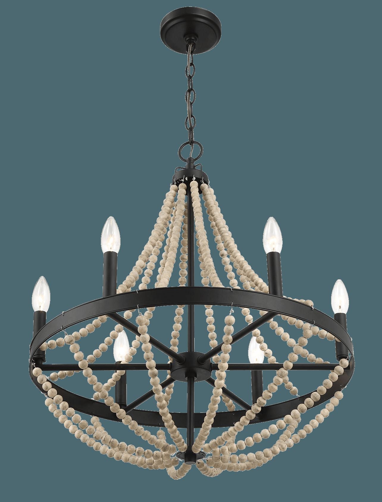 Ashcroft - Starry Wood Chandelier Farmhouse Six Candle Light Wood Beaded Black Pendant Light for Dining Room
