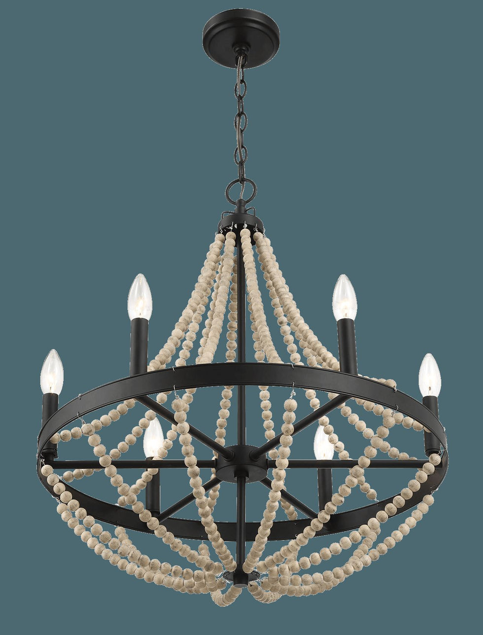 Ashcroft - Starry Wood Chandelier Farmhouse Six Candle Light Wood Beaded Black Pendant Light for Dining Room