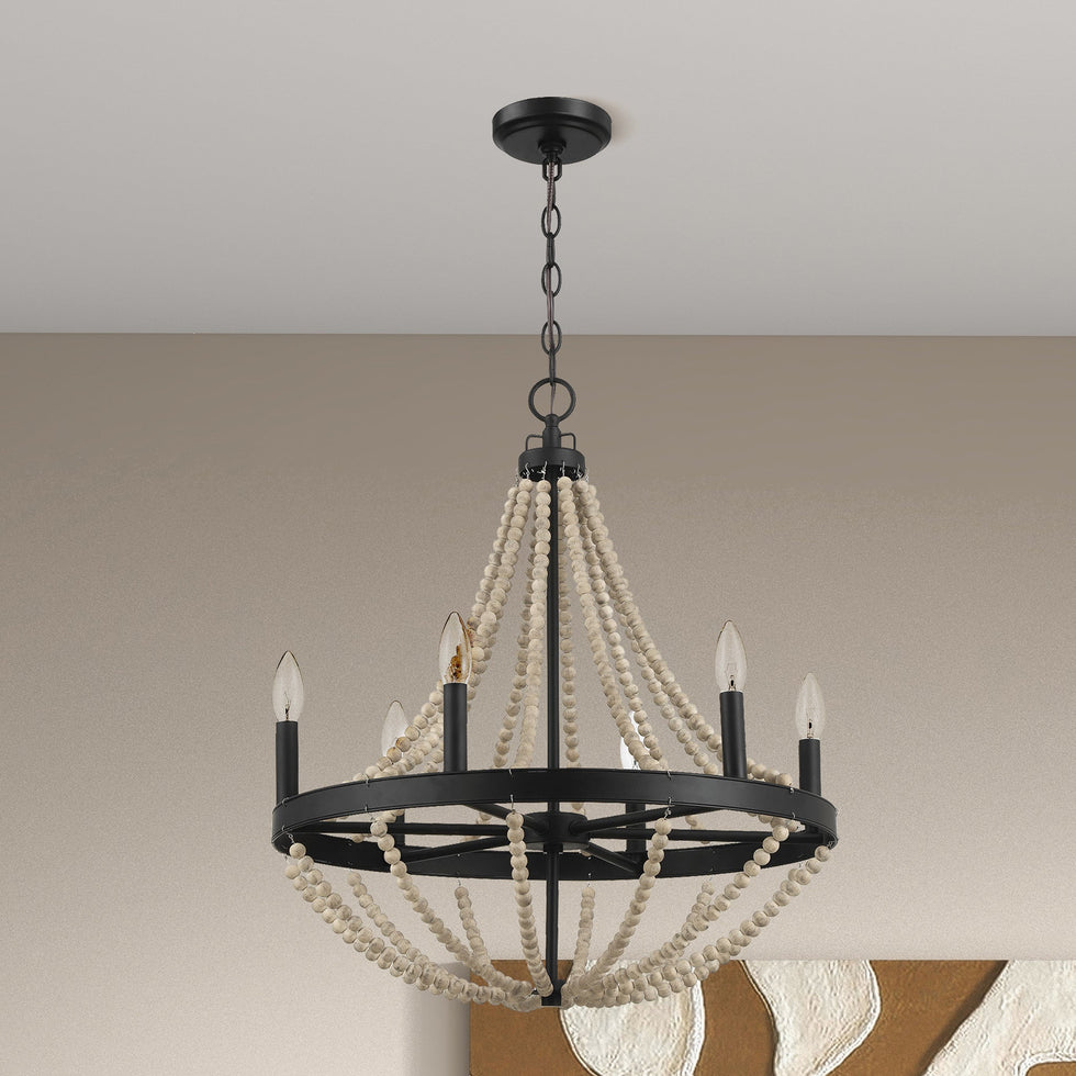 Ashcroft - Starry Wood Chandelier Farmhouse Six Candle Light Wood Beaded Black Pendant Light for Dining Room