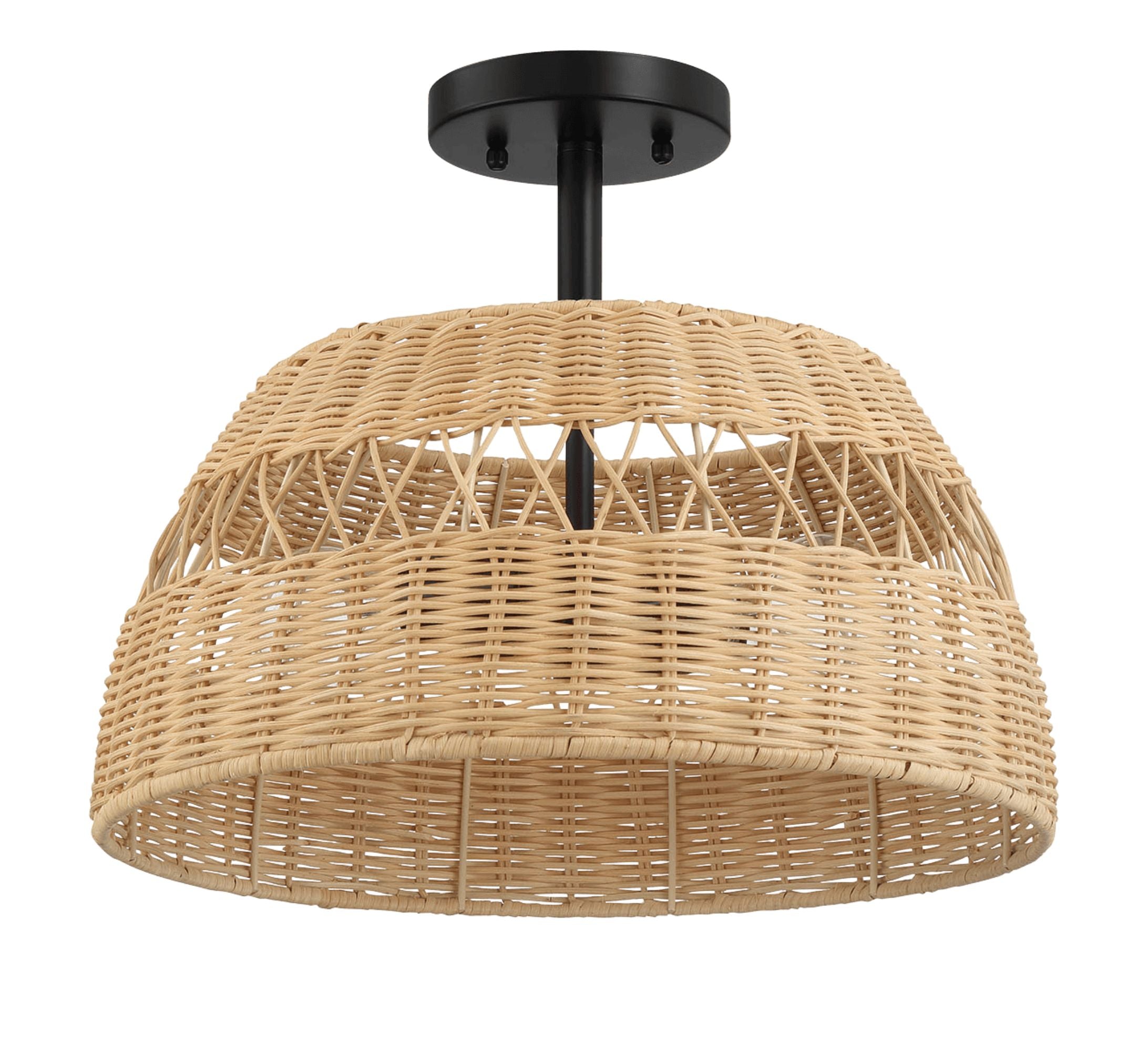 Ashcroft - Twinkle Double Lights Semi Flush With Rattan Shade Black Metal Finish for Farmhouse Style