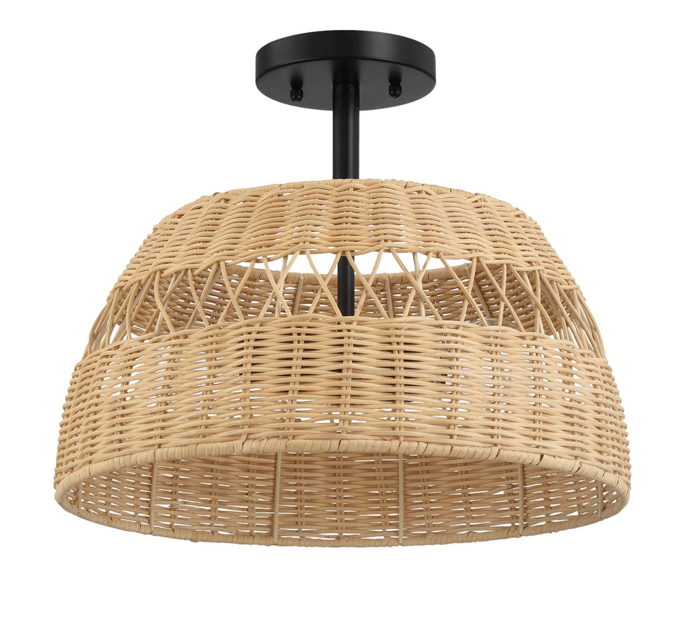 Ashcroft - Twinkle Double Lights Semi Flush With Rattan Shade Black Metal Finish for Farmhouse Style