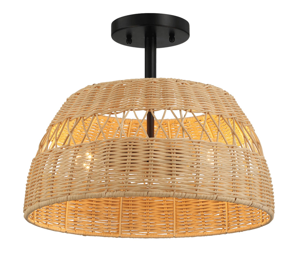 Ashcroft - Twinkle Double Lights Semi Flush With Rattan Shade Black Metal Finish for Farmhouse Style
