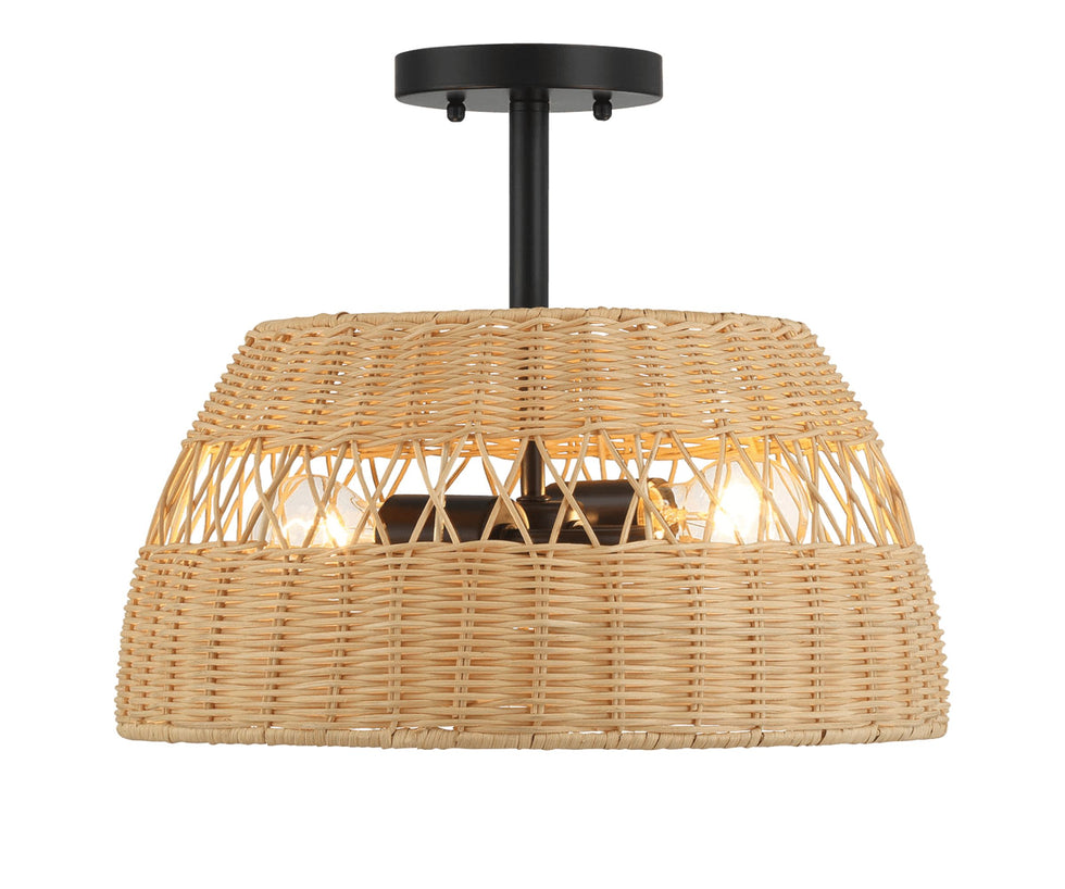 Ashcroft - Twinkle Double Lights Semi Flush With Rattan Shade Black Metal Finish for Farmhouse Style