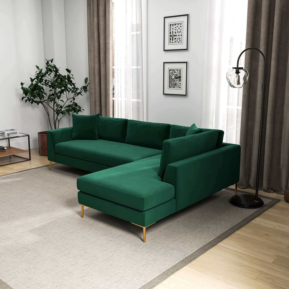 Ashcroft - Mano L-Shaped Velvet Sectional Sofa In Green Right Facing