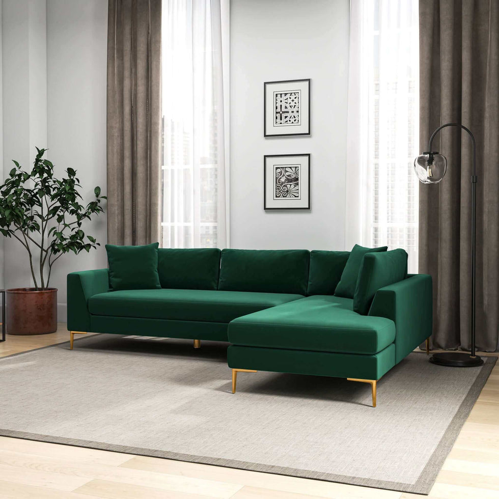 Ashcroft - Mano L-Shaped Velvet Sectional Sofa In Green Right Facing