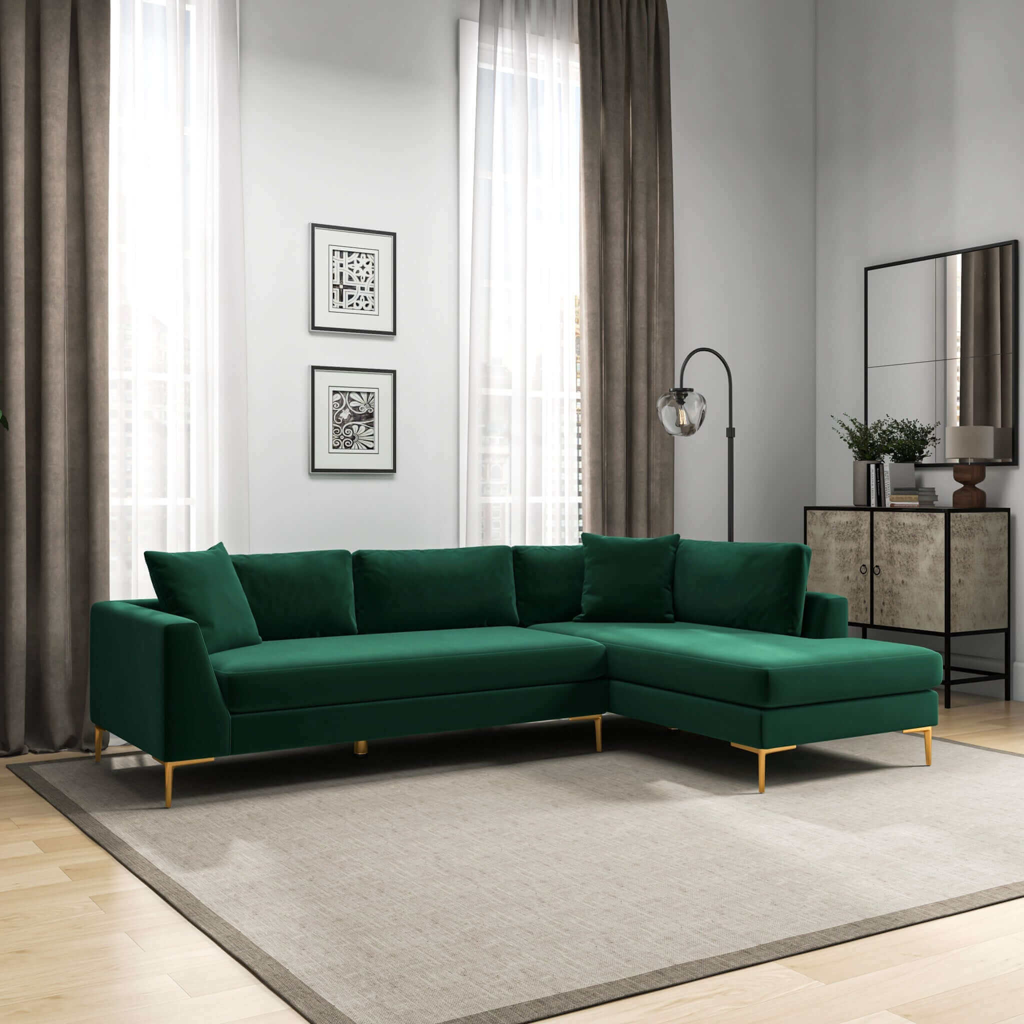 Ashcroft - Mano L-Shaped Velvet Sectional Sofa In Green Right Facing