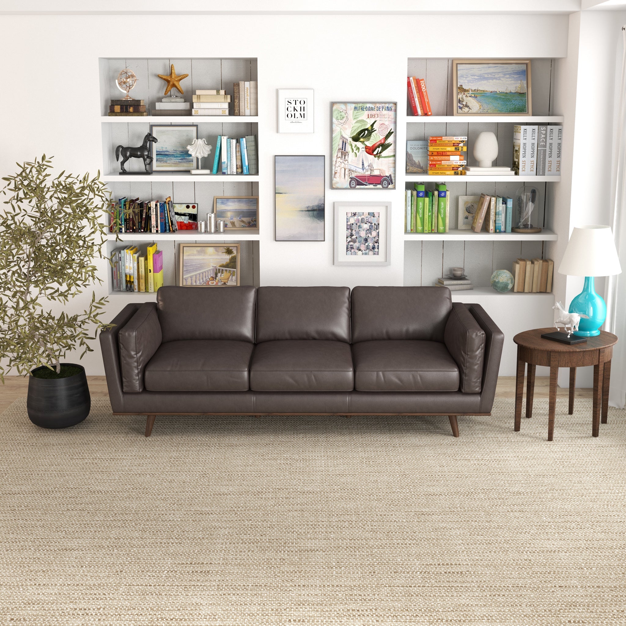 Ashcroft - Chase Mid-Century Modern Genuine Leather Sofa