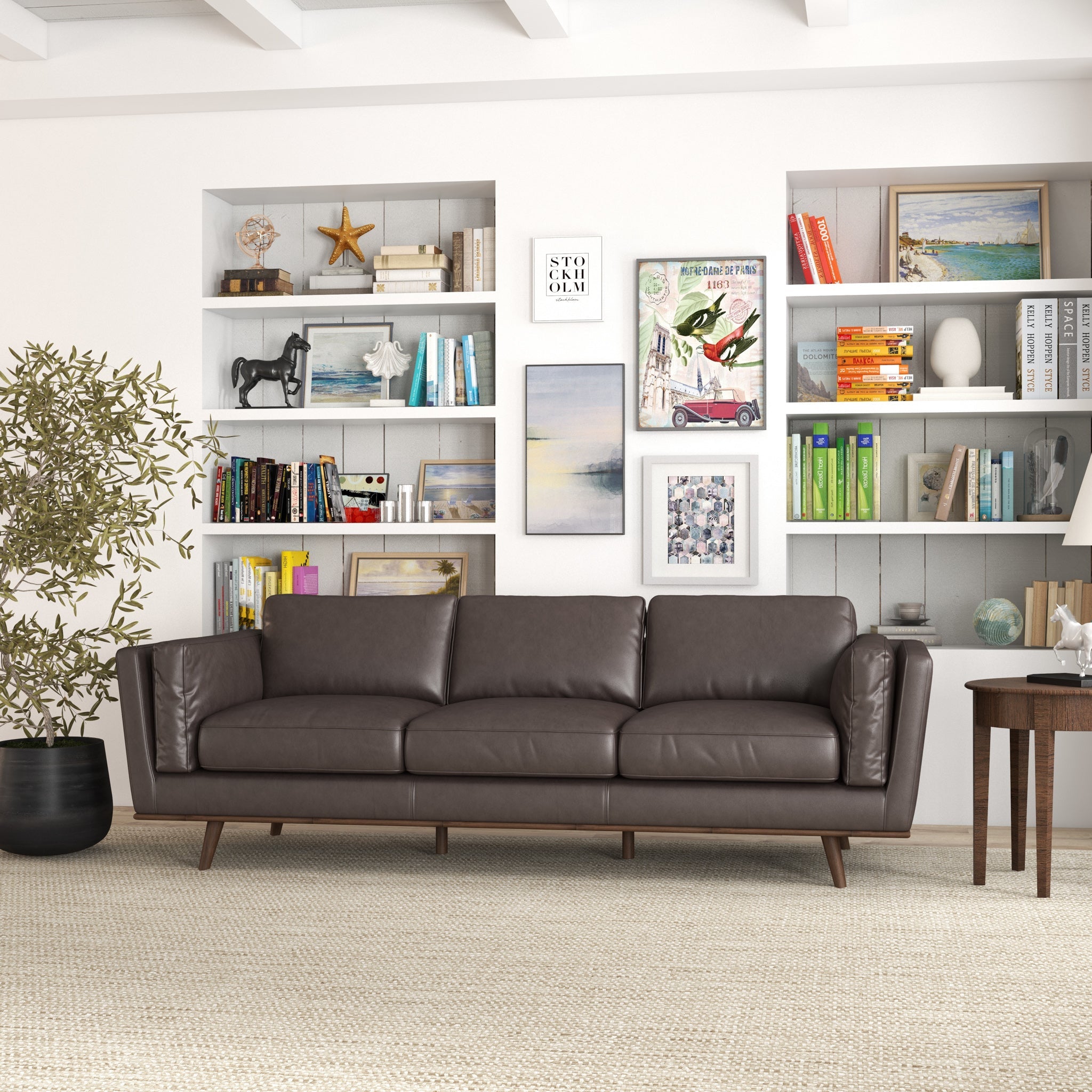 Ashcroft - Chase Mid-Century Modern Genuine Leather Sofa