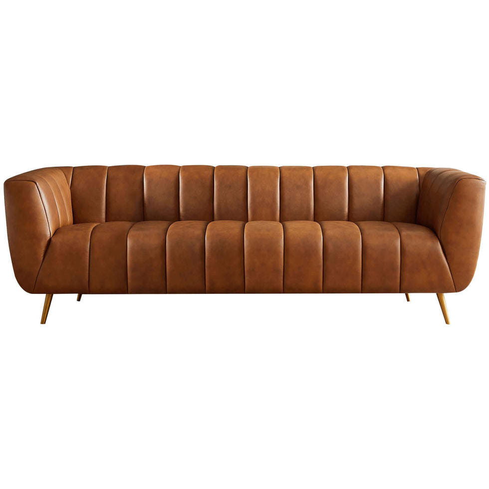 Ashcroft - Ava Genuine Italian Leather Channel Tufted Sofa in Tan
