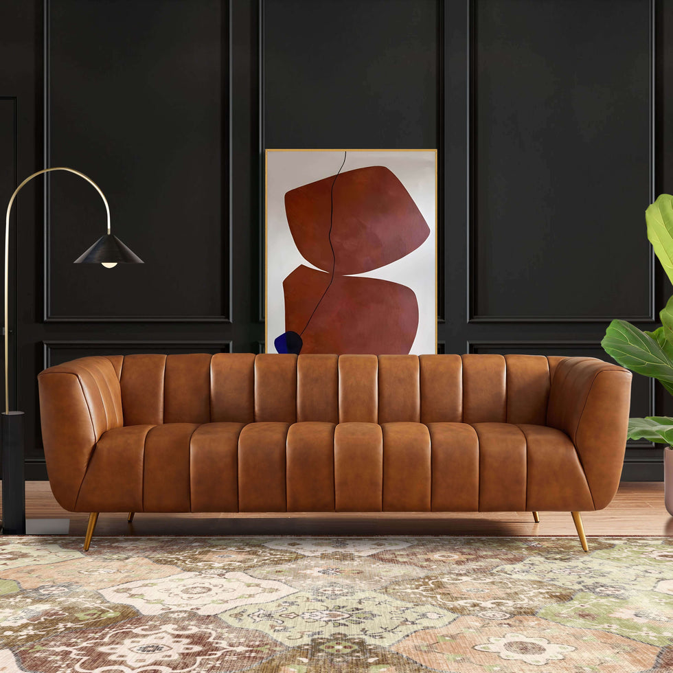 Ashcroft - Ava Genuine Italian Leather Channel Tufted Sofa in Tan