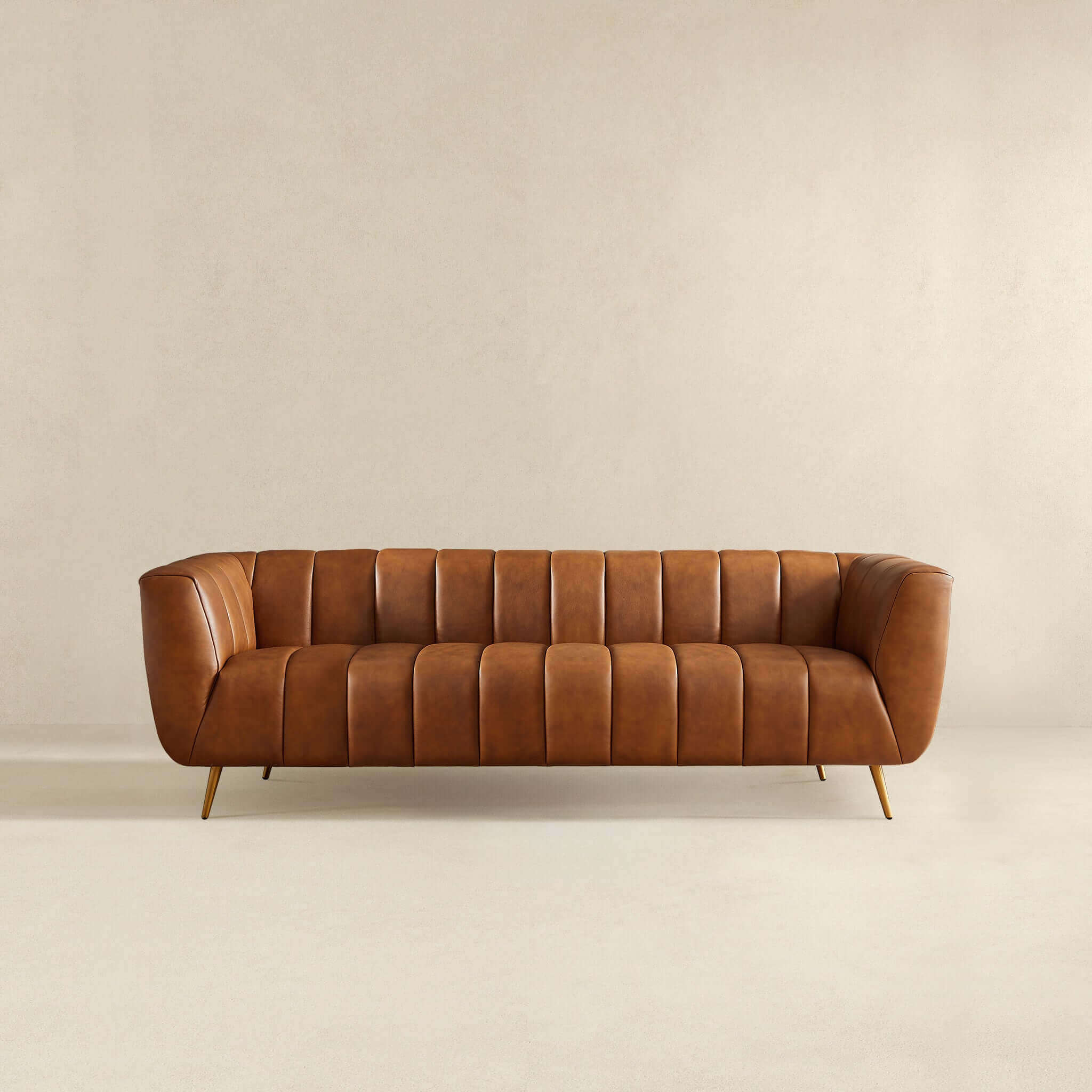 Ashcroft - Ava Genuine Italian Leather Channel Tufted Sofa in Tan