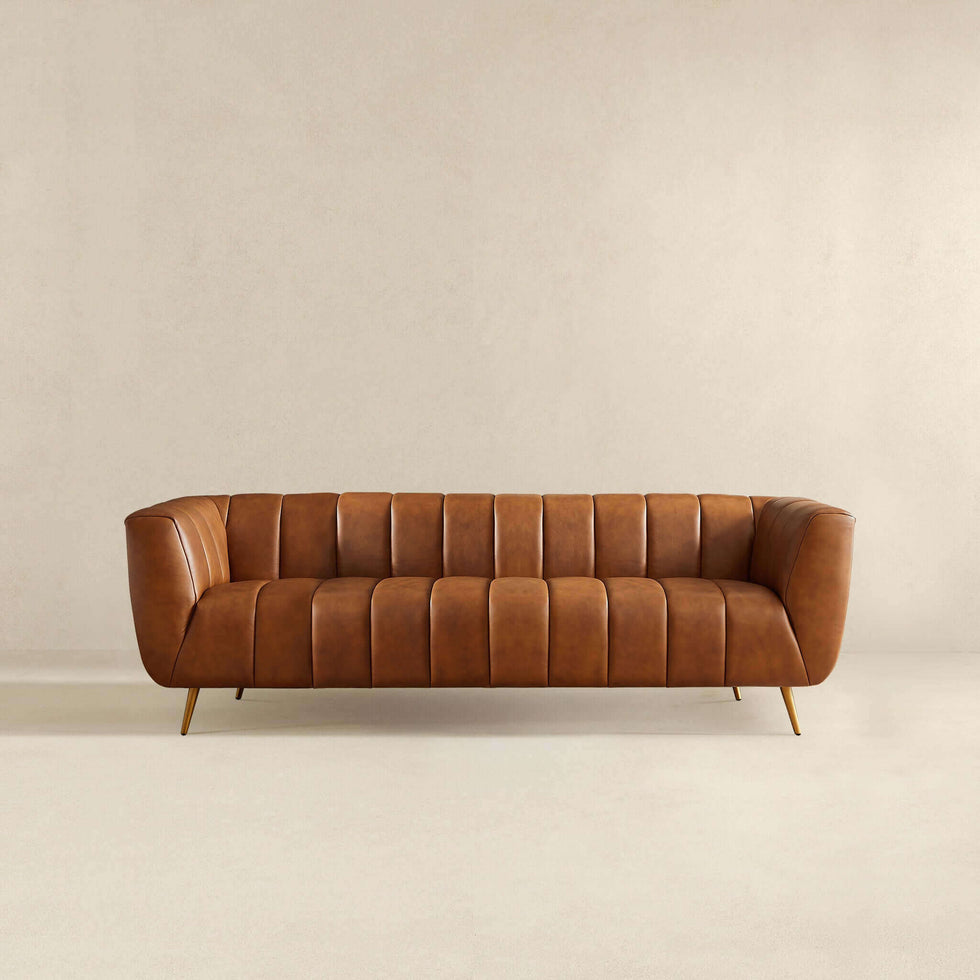Ashcroft - Ava Genuine Italian Leather Channel Tufted Sofa in Tan